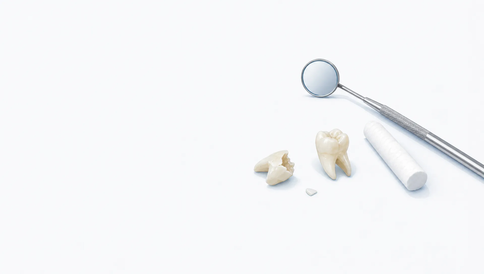 A broken tooth fragment sits beside a mirror on a clean dental surface.