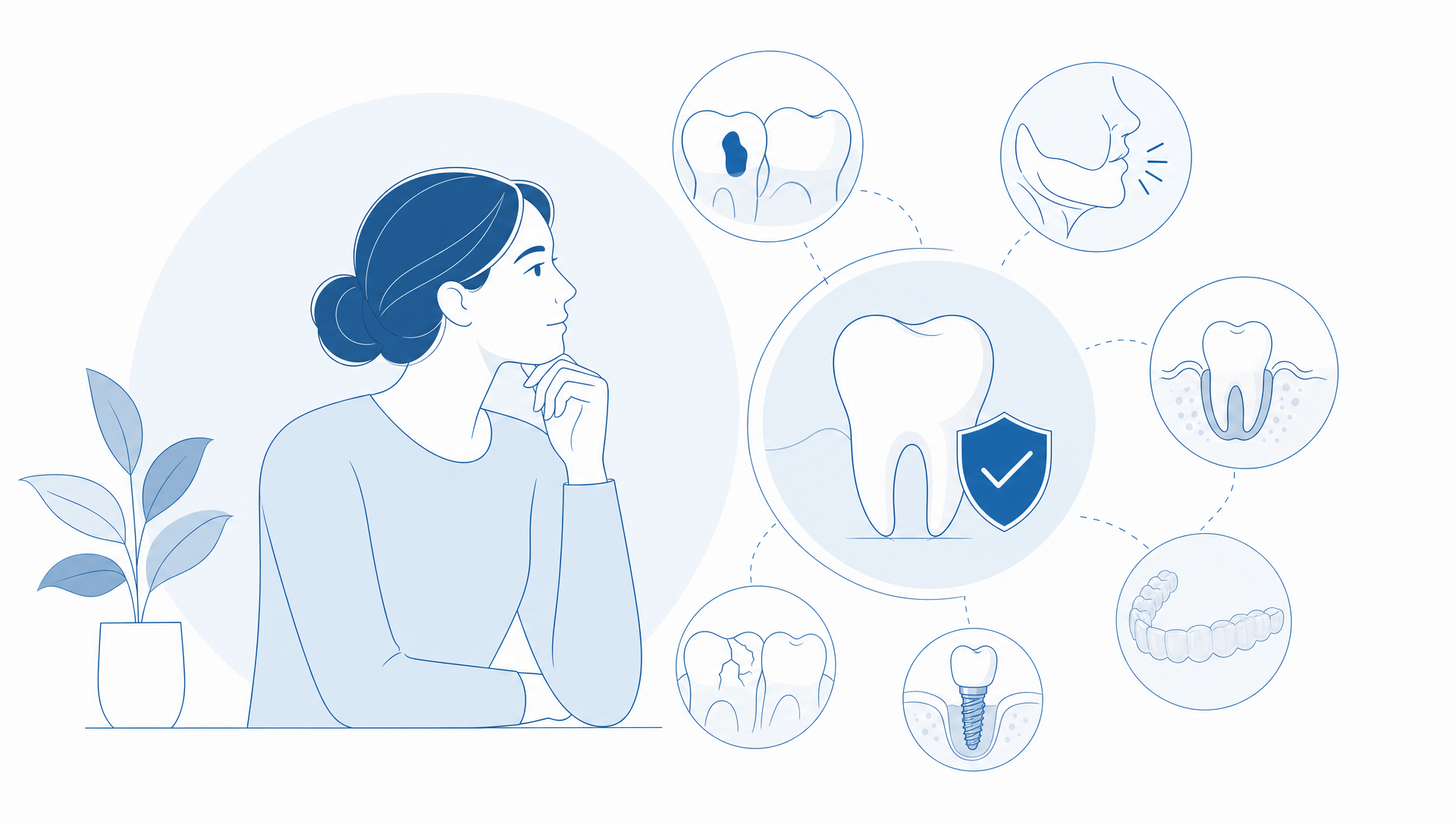 A calm adult dental check-up scene with a dentist and patient reviewing a simplified dental chart, fine blue linework, clean white space and subtle preventive care details, with no text or logos.