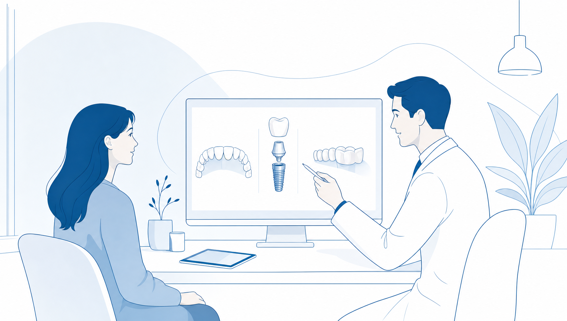 A calm dental consultation room with a dentist and patient discussing smile goals beside dental models and treatment notes on a desk, shown from a wider angle with the consultation chair and wall cabinetry visible.