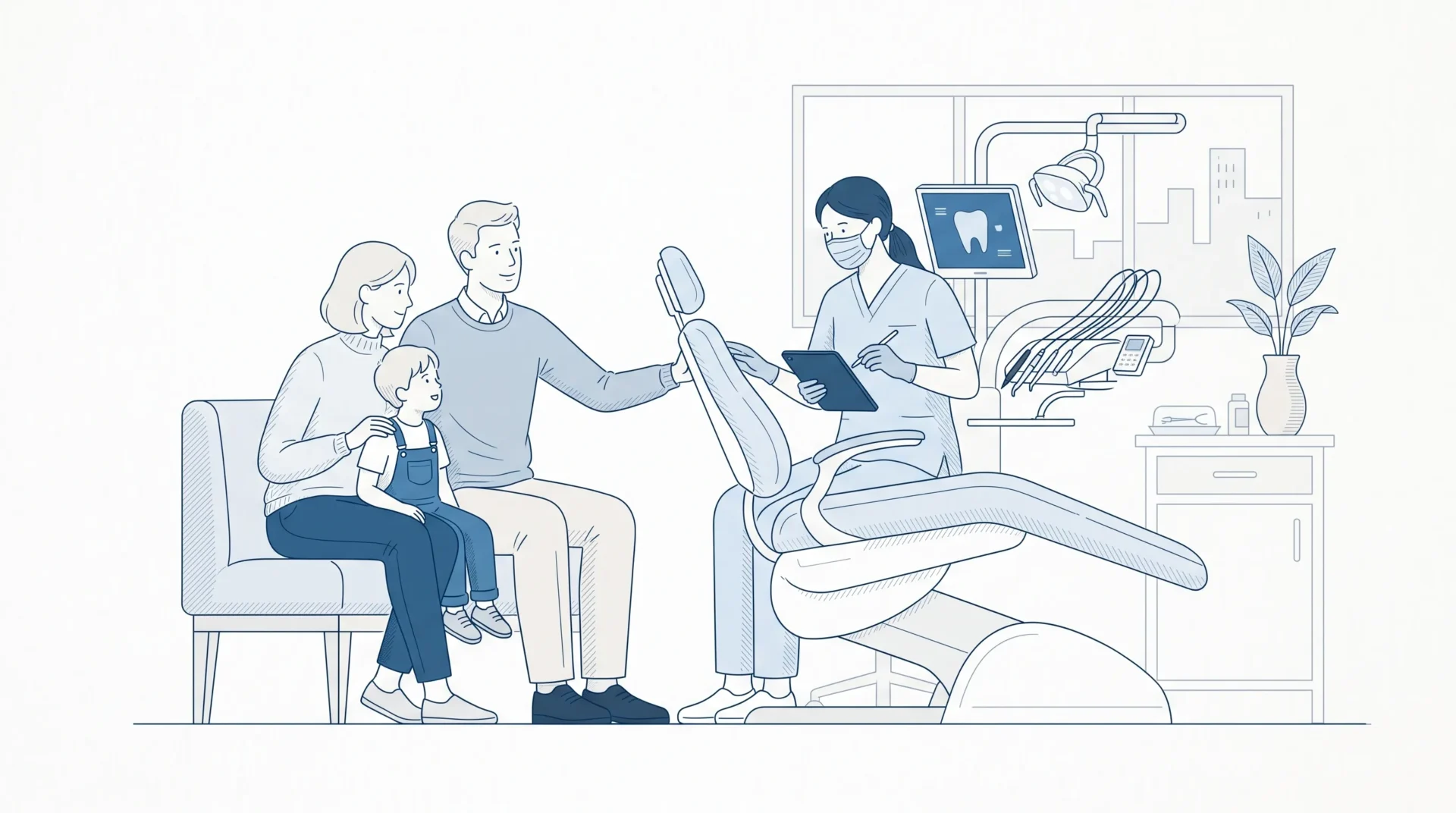 A calm dental professional speaks with a parent and child beside a dental chair during a family dentistry visit.
