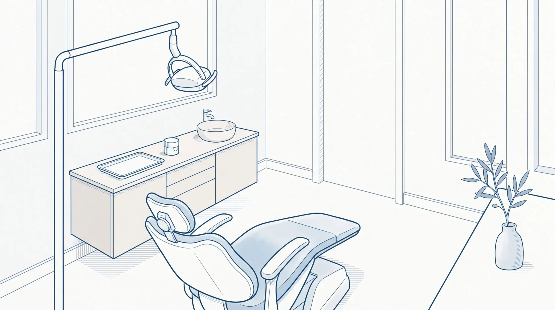 A calm dental treatment room with a chair, cabinet and crown case suggests where crown or implant care is planned.
