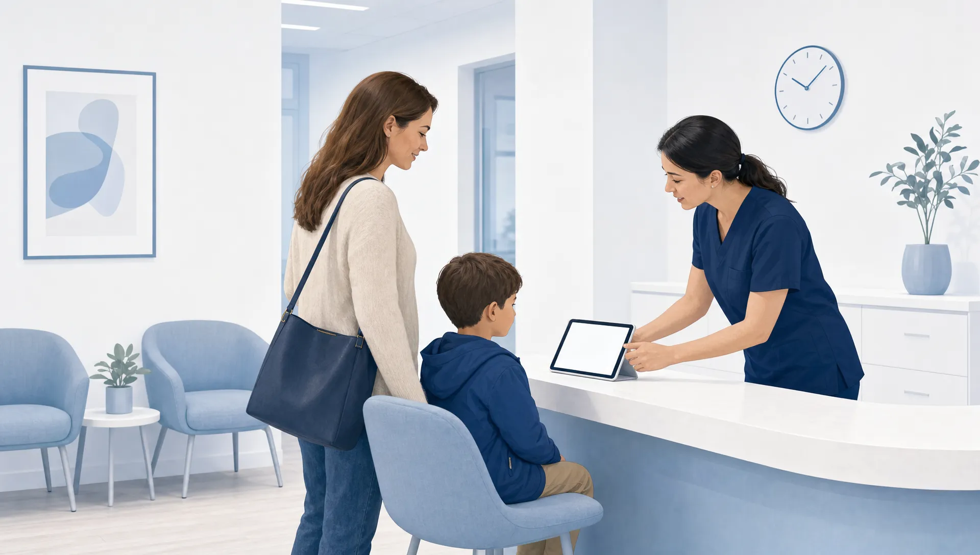 A caregiver and dentist discuss child dental benefits at a clinic counter.