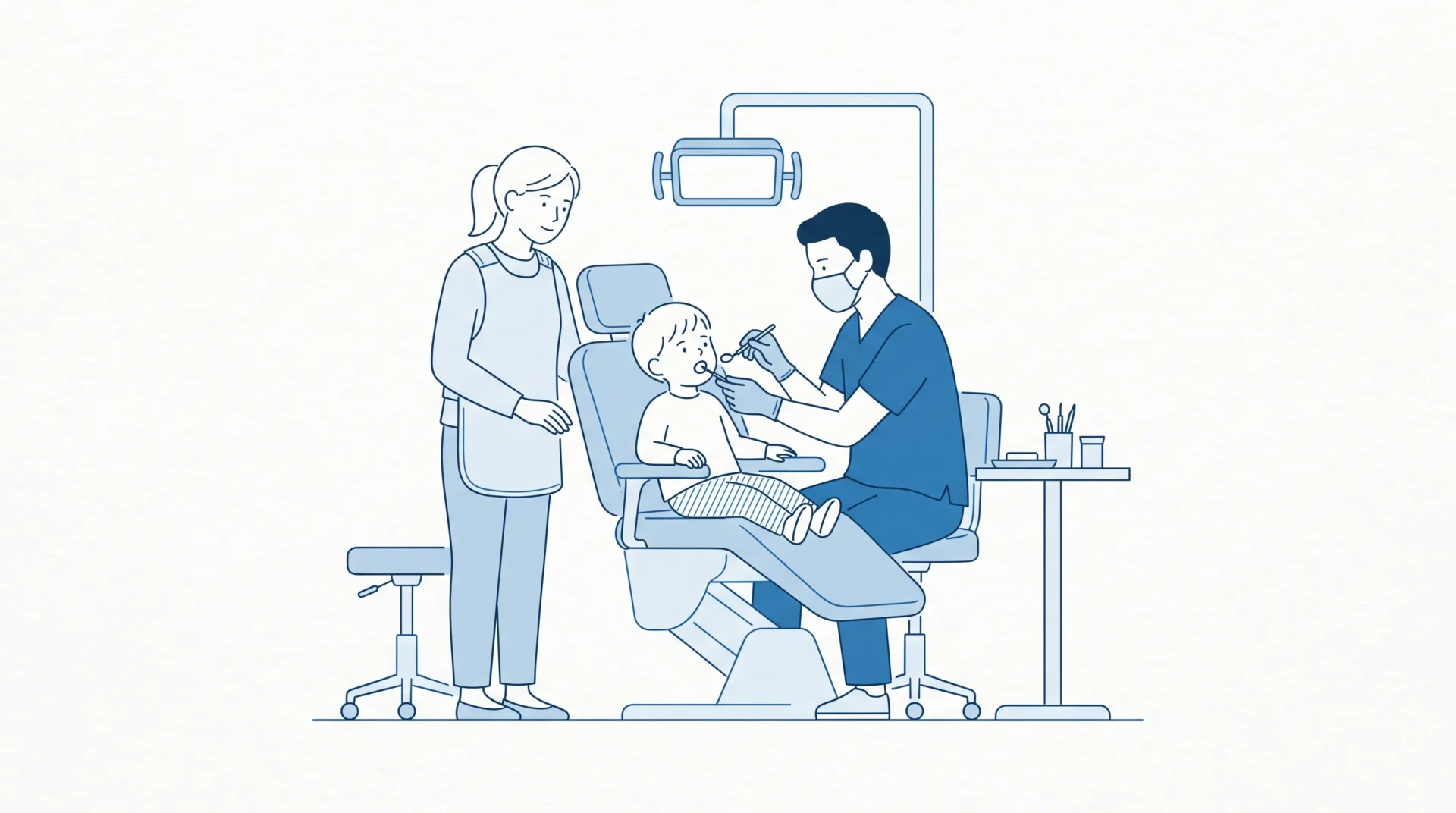 A child sits in a dental chair with a parent nearby while a dentist checks the teeth during a first kids dental appointment.