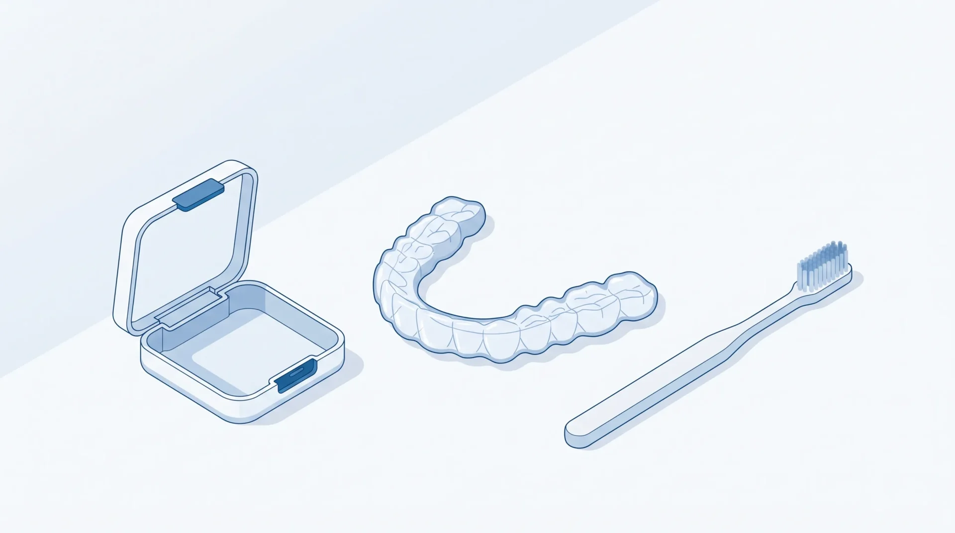 A clear aligner, case and toothbrush are arranged to suggest a daily Invisalign routine.