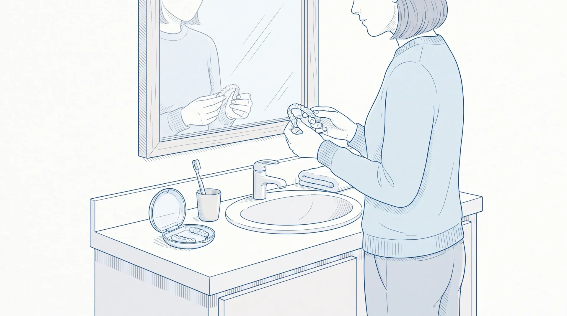A clear aligner case, toothbrush and adult at the bathroom sink show the daily Invisalign routine.