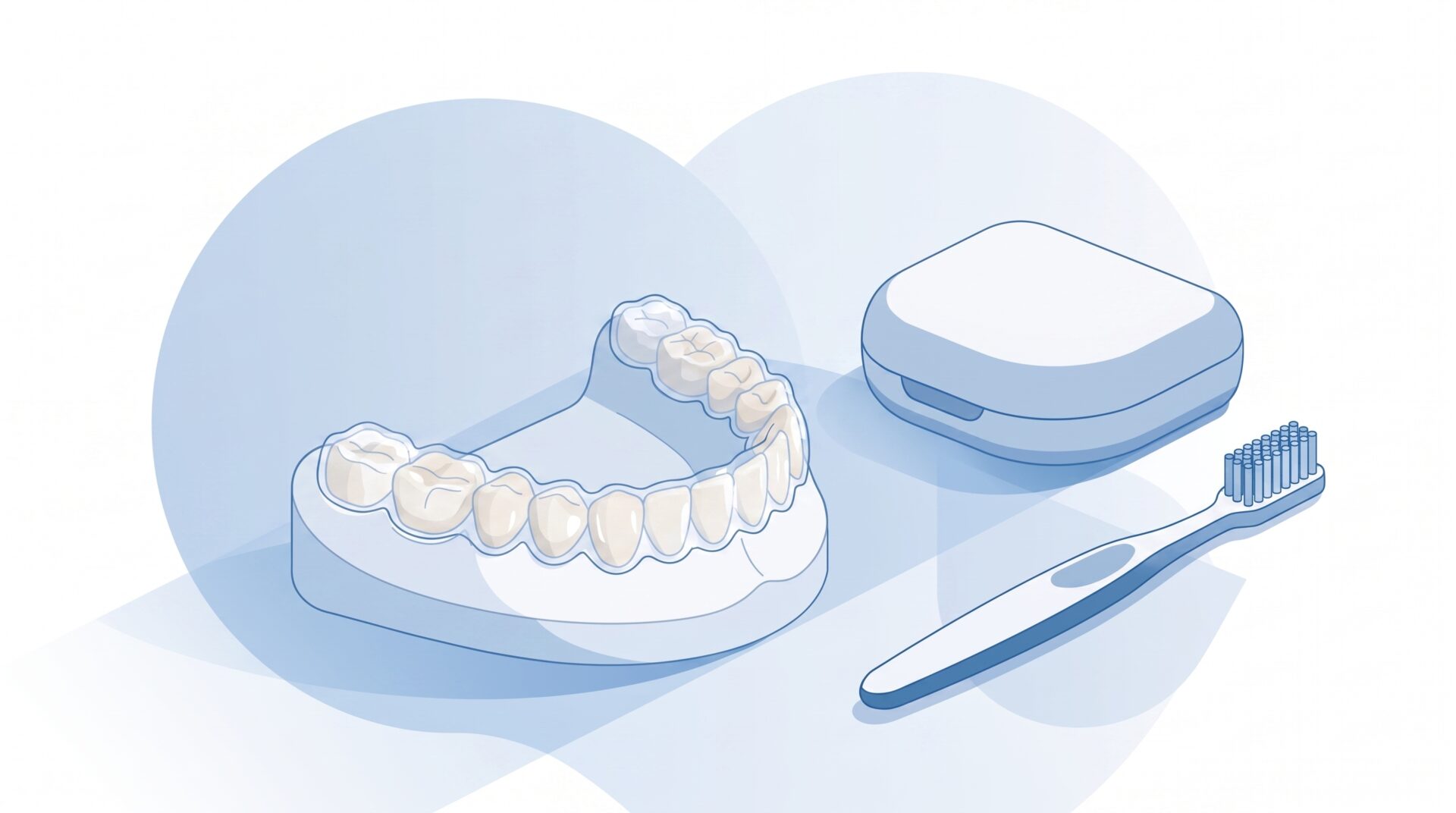 A clear aligner sits above a simplified adult dental arch with a small case and toothbrush nearby, showing daily Invisalign wear.