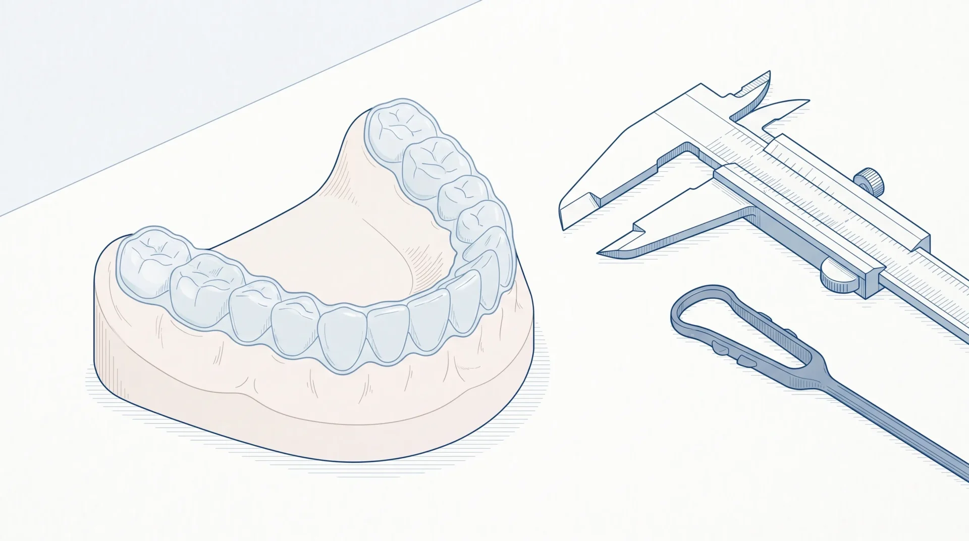 A clear aligner sits over an adult tooth arch beside planning tools, showing how Invisalign is customised.
