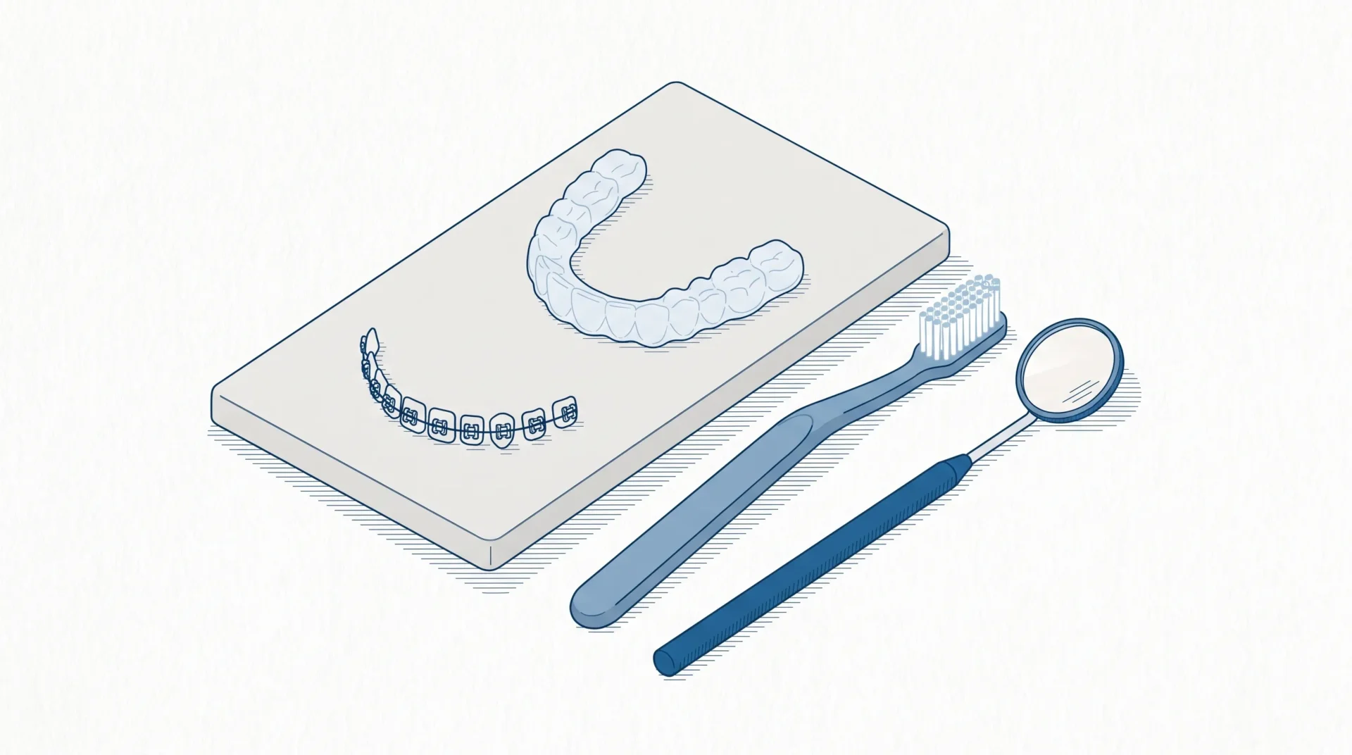 A clear aligner tray and a small braces segment rest on a clinic surface beside a toothbrush and mirror.