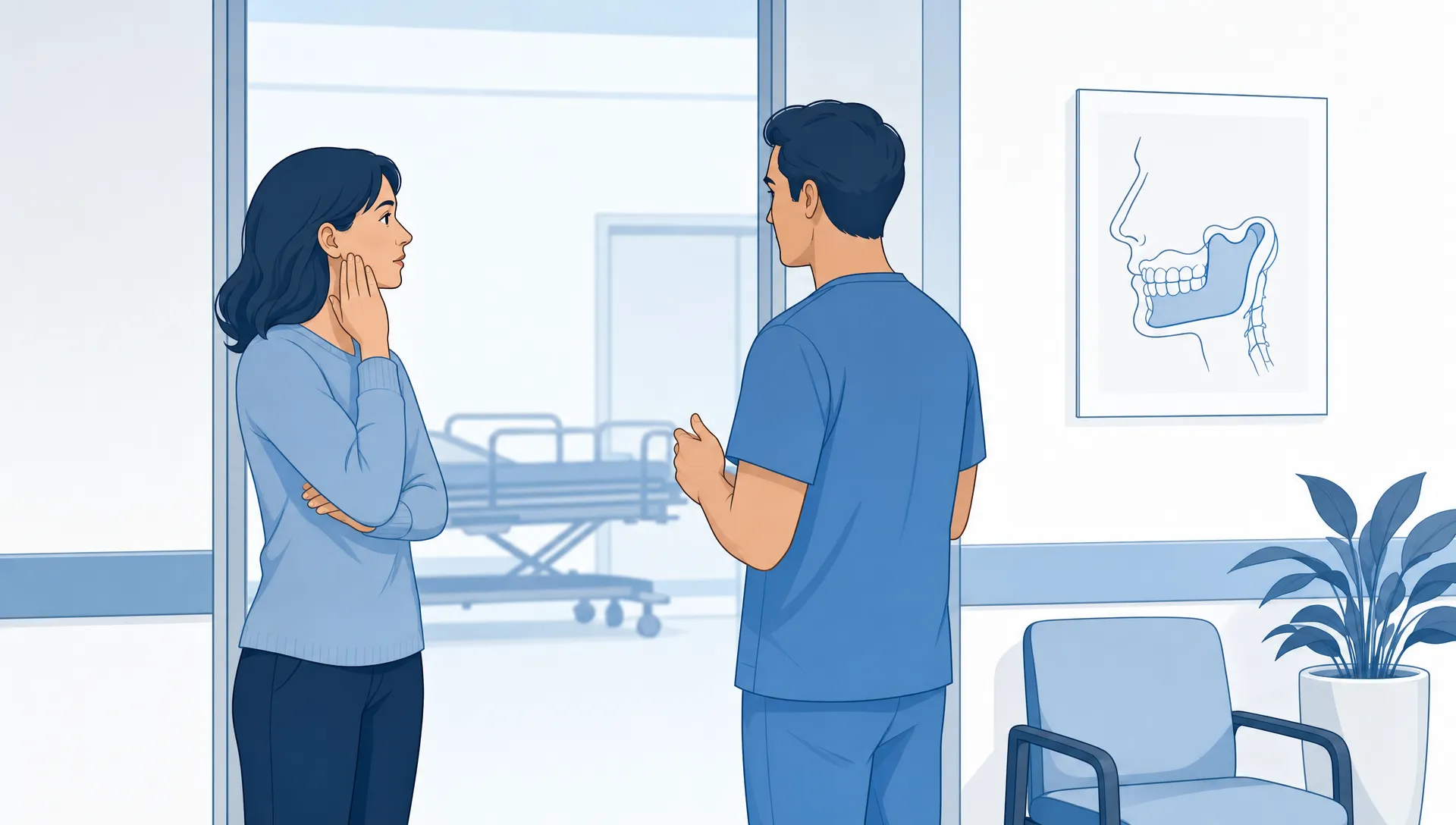 A clinician and patient stand near a hospital doorway, suggesting a dental problem that needs urgent medical care.