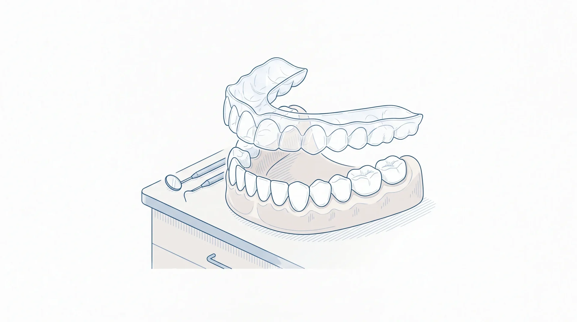 A close dental detail shows an aligner being checked against upper and lower teeth.