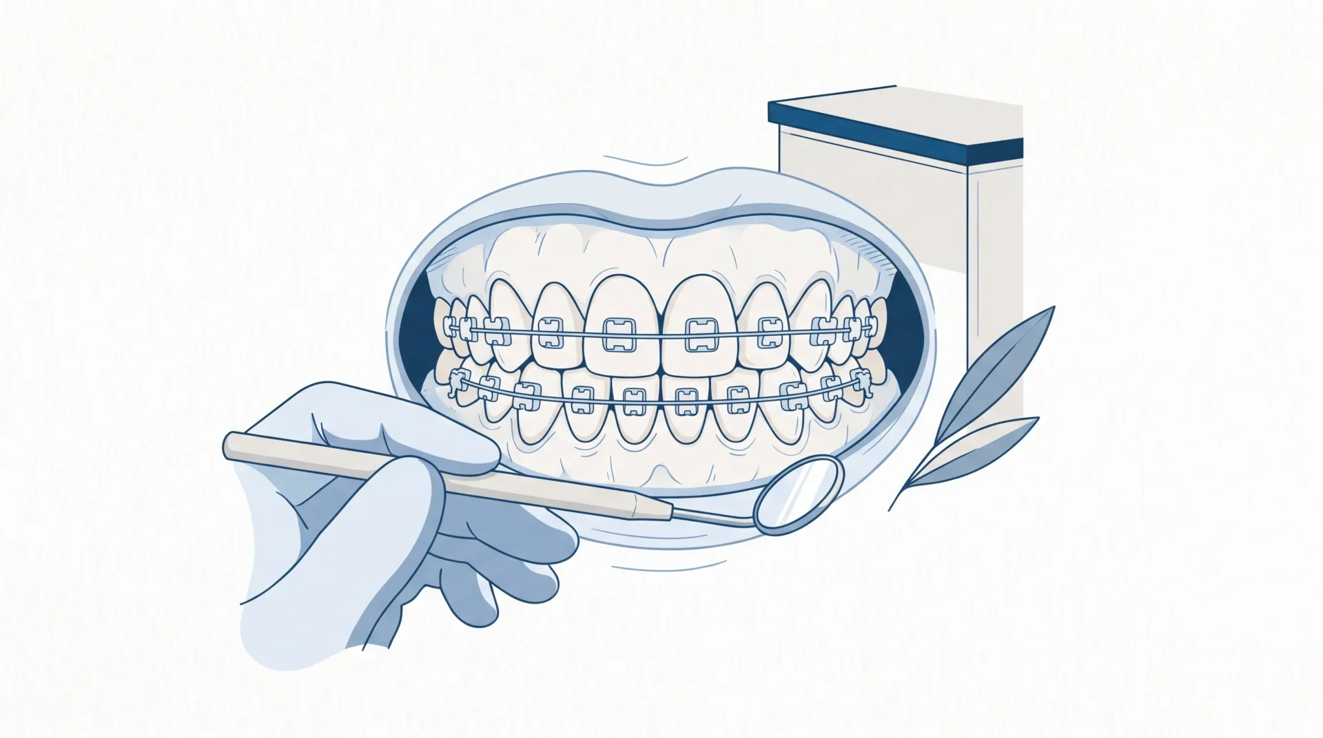 A close view of ceramic brackets and wire fitted to a teenager’s teeth during orthodontic treatment.