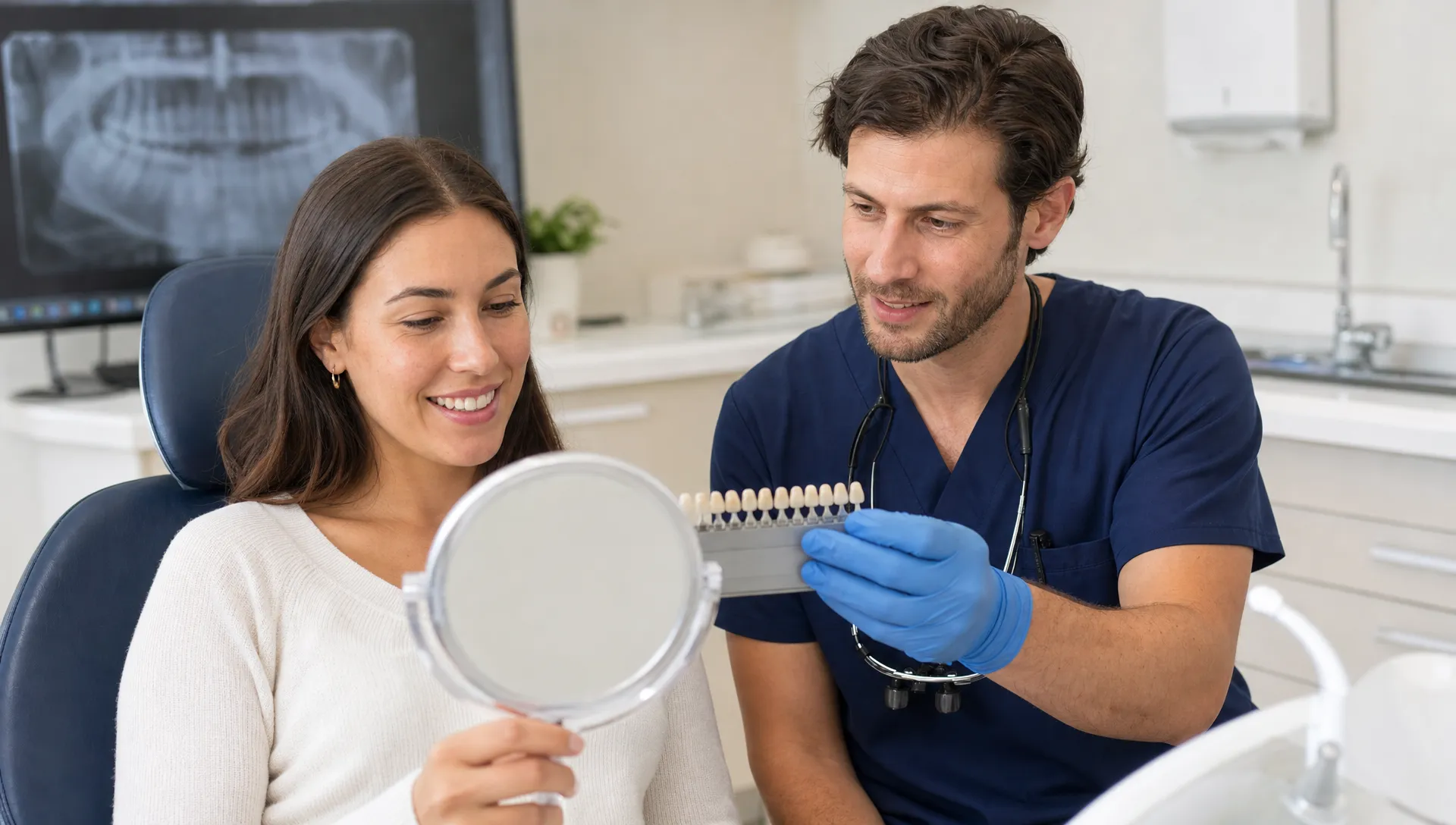 A dental consultation scene showing a dentist and patient reviewing natural tooth shade samples and a handheld mirror, with a calm clinic setting and a focus on smile planning.