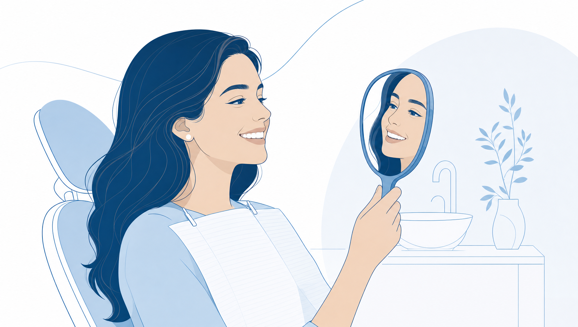 A dental consultation scene showing a dentist and patient reviewing natural tooth shade samples and a handheld mirror, with a calm clinic setting and a focus on smile planning.