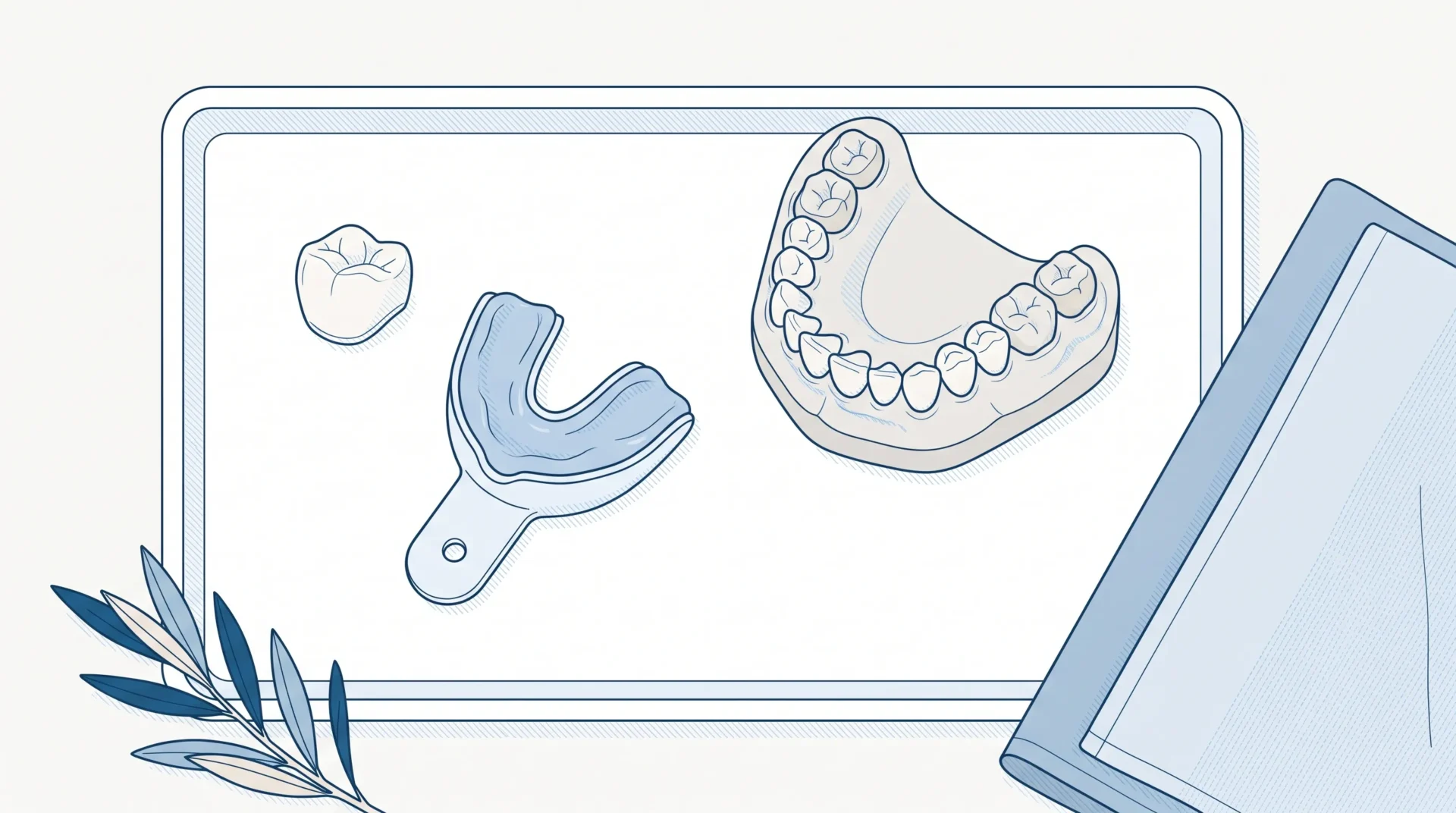 A dental crown, impression tray and tooth model arranged for possible crown replacement after whitening.