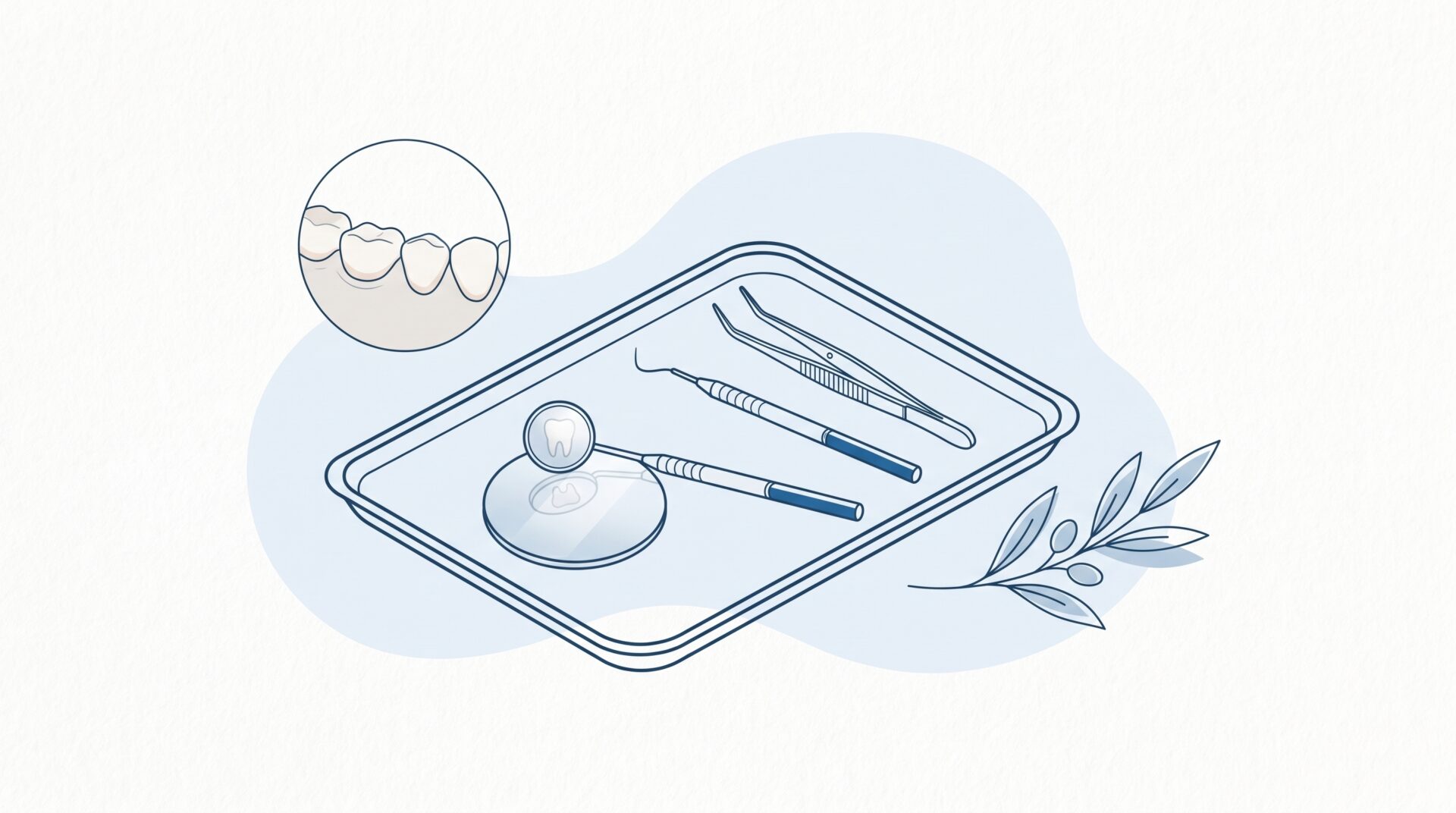 A dental examination kit with mirror, probe and tweezers sits beside a small inset of ageing teeth and gums, with a delicate olive branch accent.