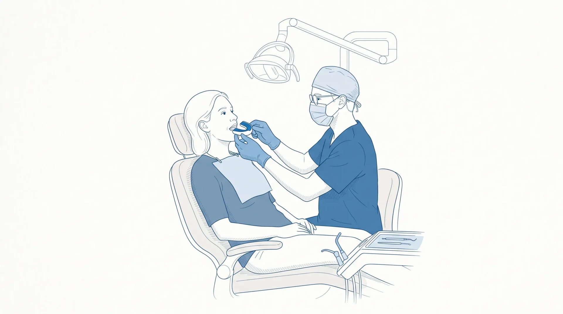 A dental professional checks the fit of a custom sports mouthguard for an adult patient seated in a dental chair.