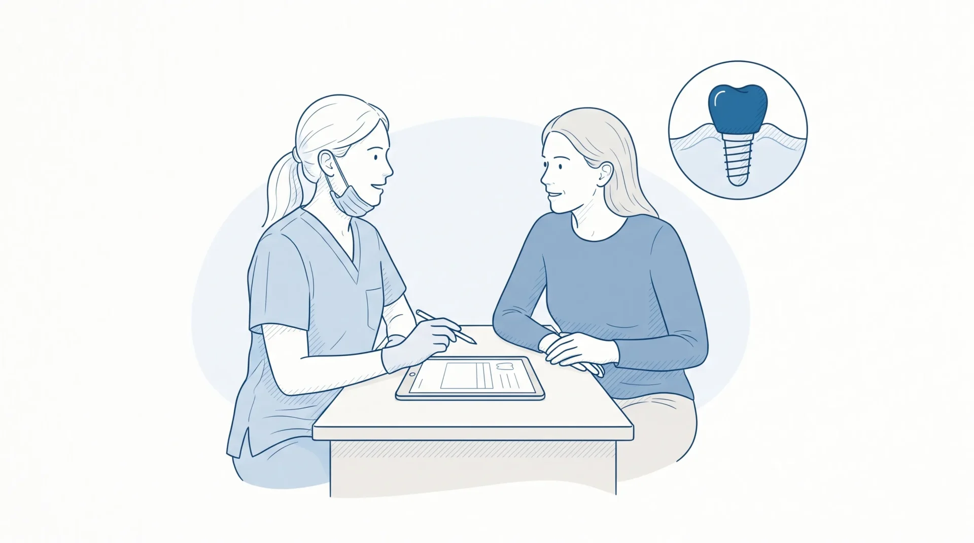 A dental professional discusses implant payment options with an adult patient beside a blank treatment plan, with a small inset of an implant crown seated in healthy gum tissue.