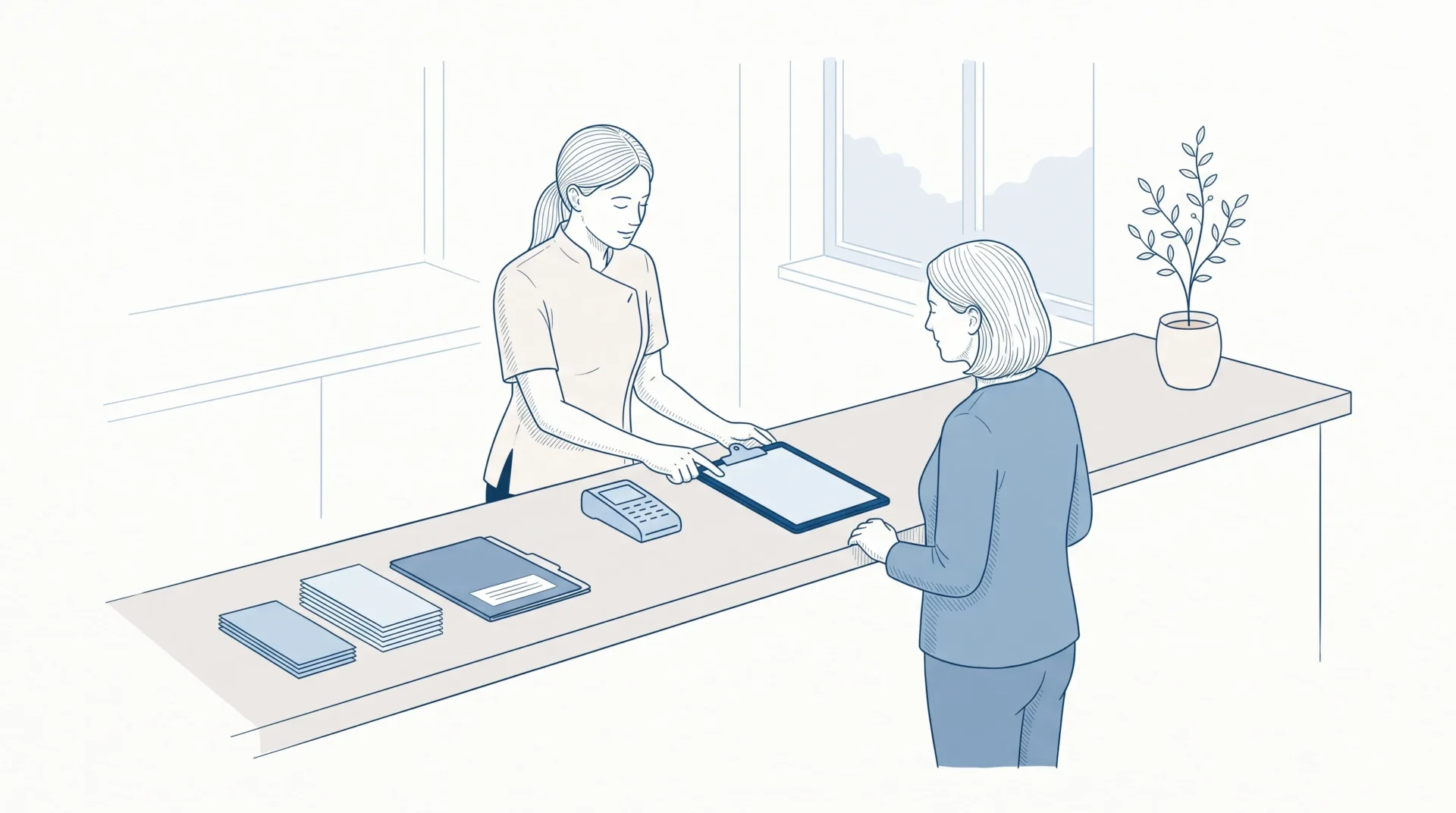 A dental professional explains implant costs at a reception counter beside a patient and payment terminal.