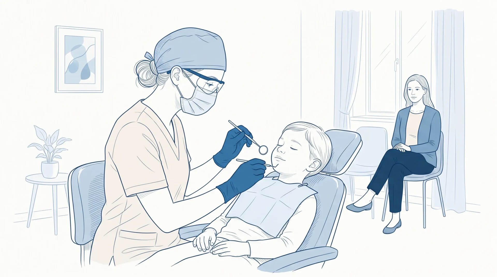 A dental professional gently examines a child in a dental chair while a parent waits nearby in a calm clinic setting.