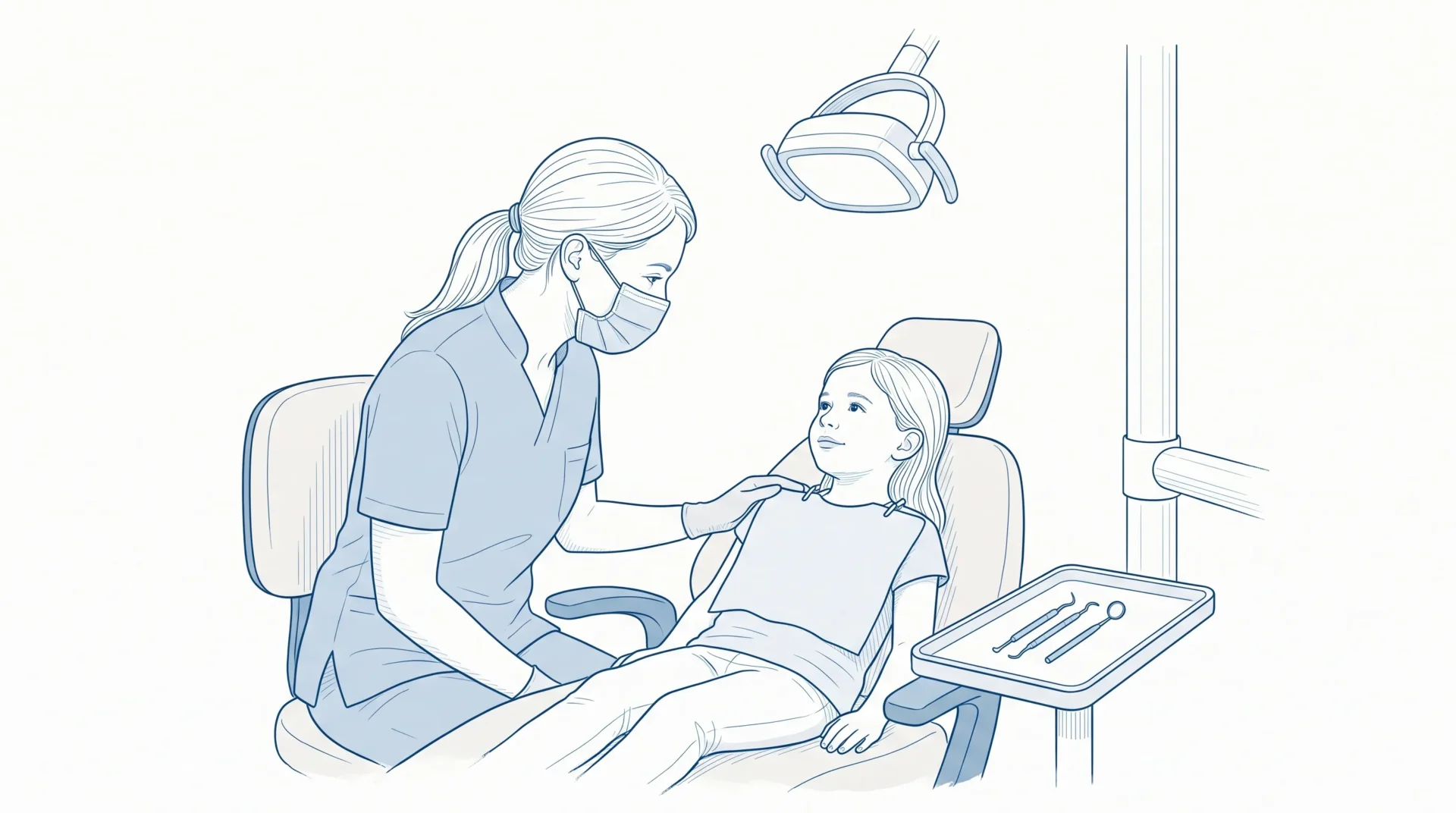 A dental professional gently speaks with a child in the chair during a check-up.