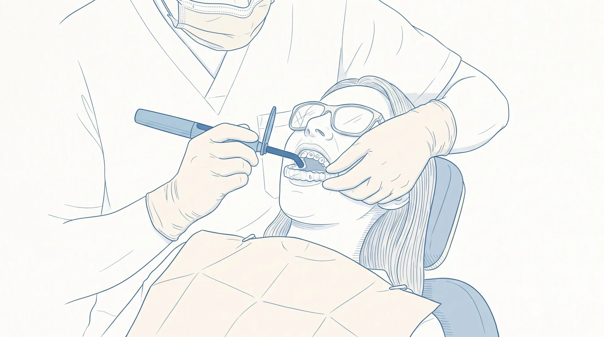 A dental professional uses a curing light and clear template aligner to place small tooth-coloured Invisalign attachments.