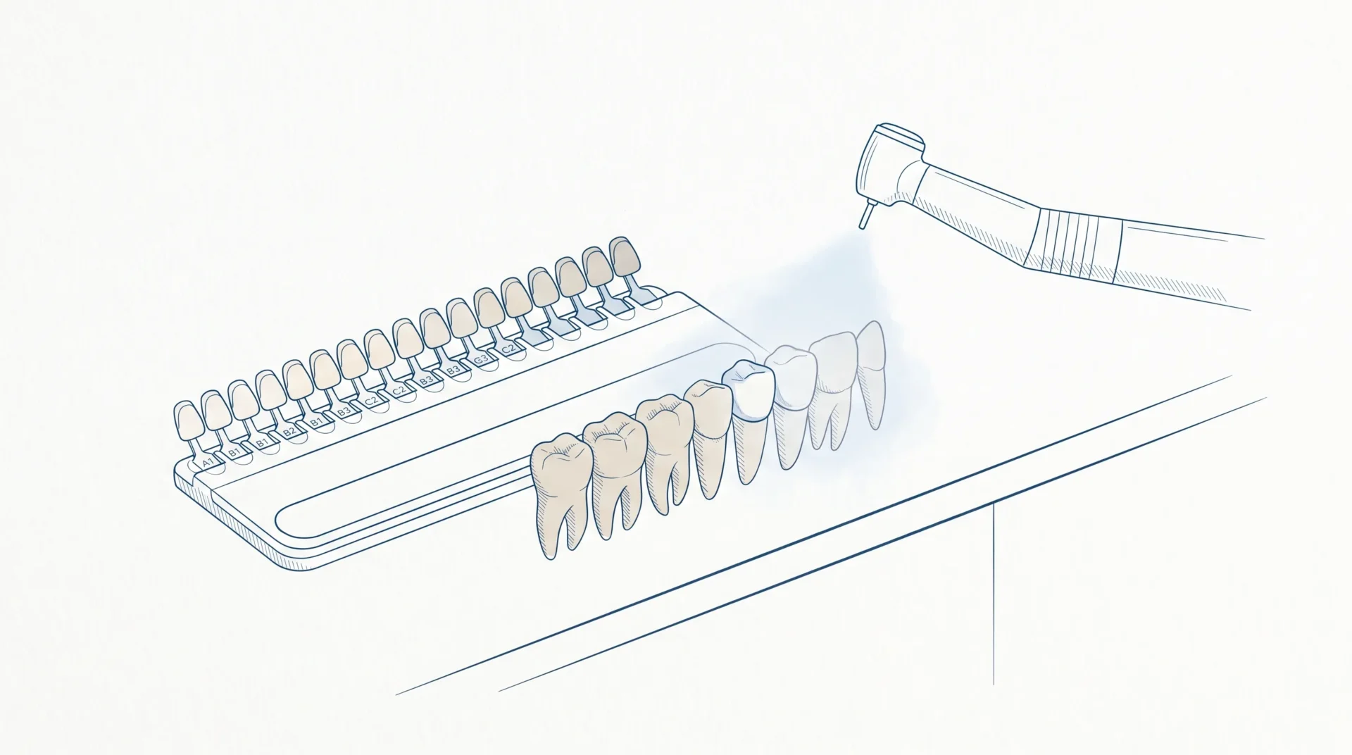 A dental shade guide beside natural teeth and a crown, showing why whitening can change tooth colour without changing the restoration.