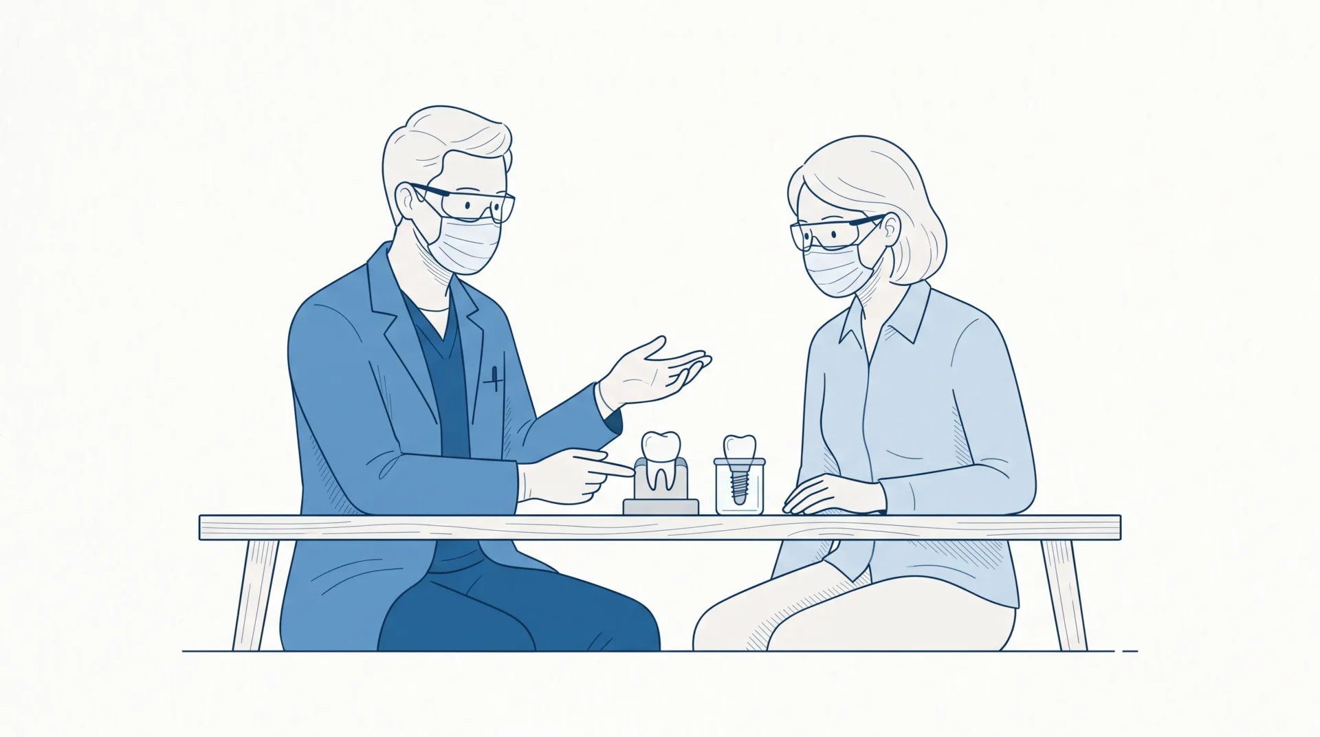 A dentist and adult patient discuss implants and crowns beside a clean crown model and implant restoration on a bench.