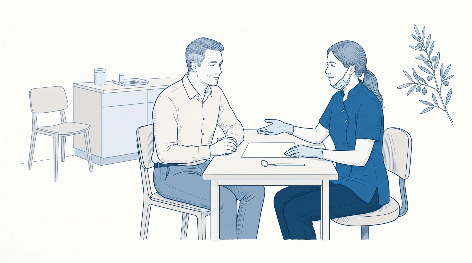 A dentist and adult patient discuss treatment options at a calm consultation table in a Geelong clinic.