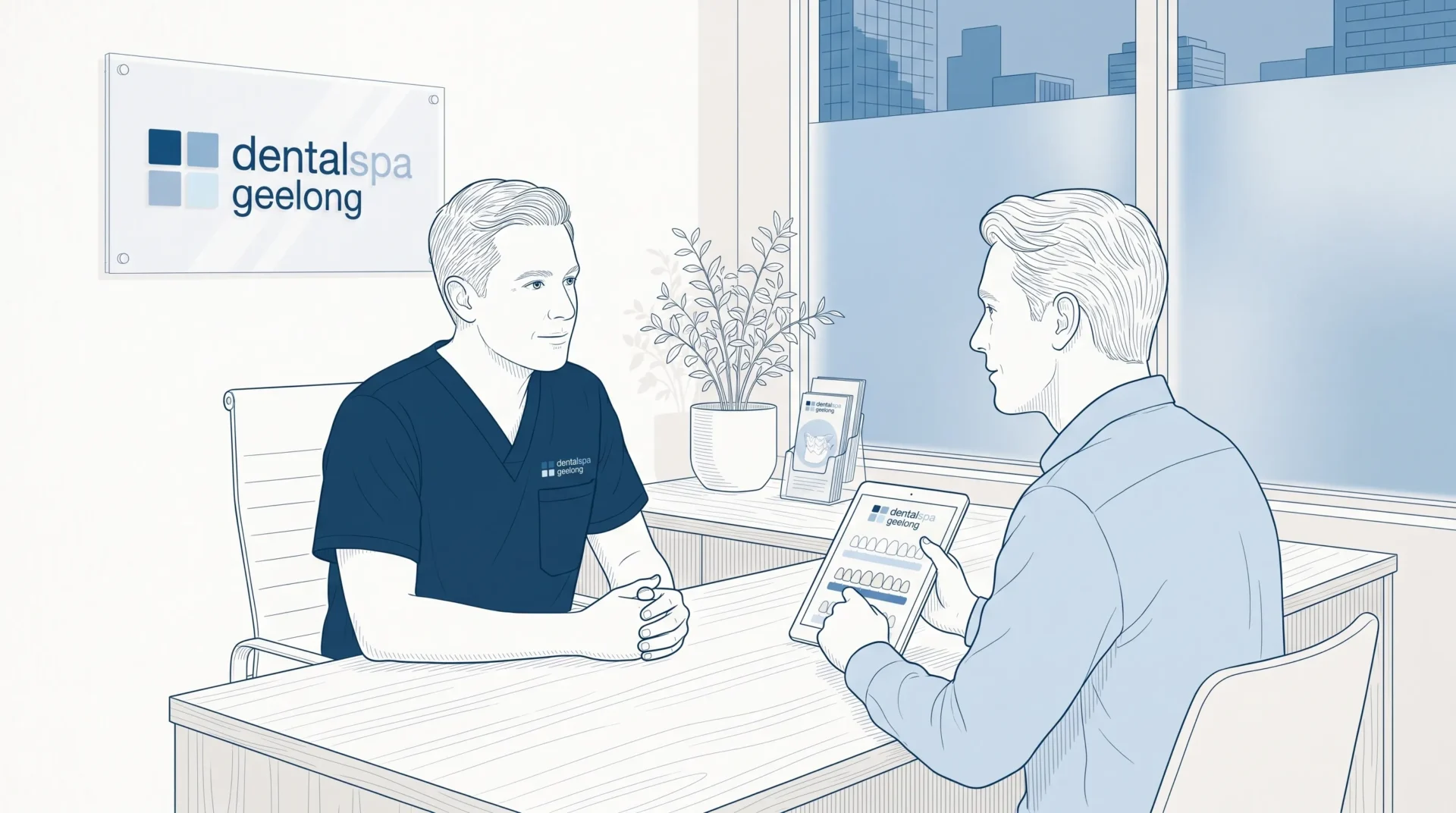 A dentist and adult patient sit face to face in a consultation room, discussing questions about teeth whitening.