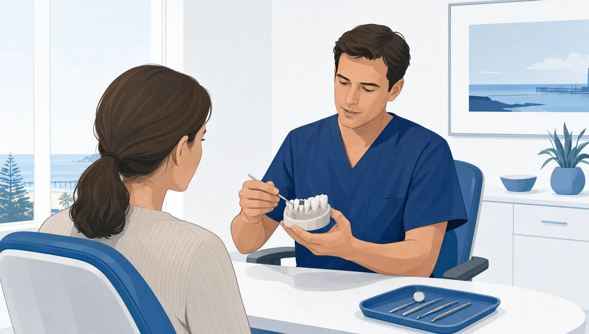A dentist assesses a broken tooth model during a calm consultation in Geelong.