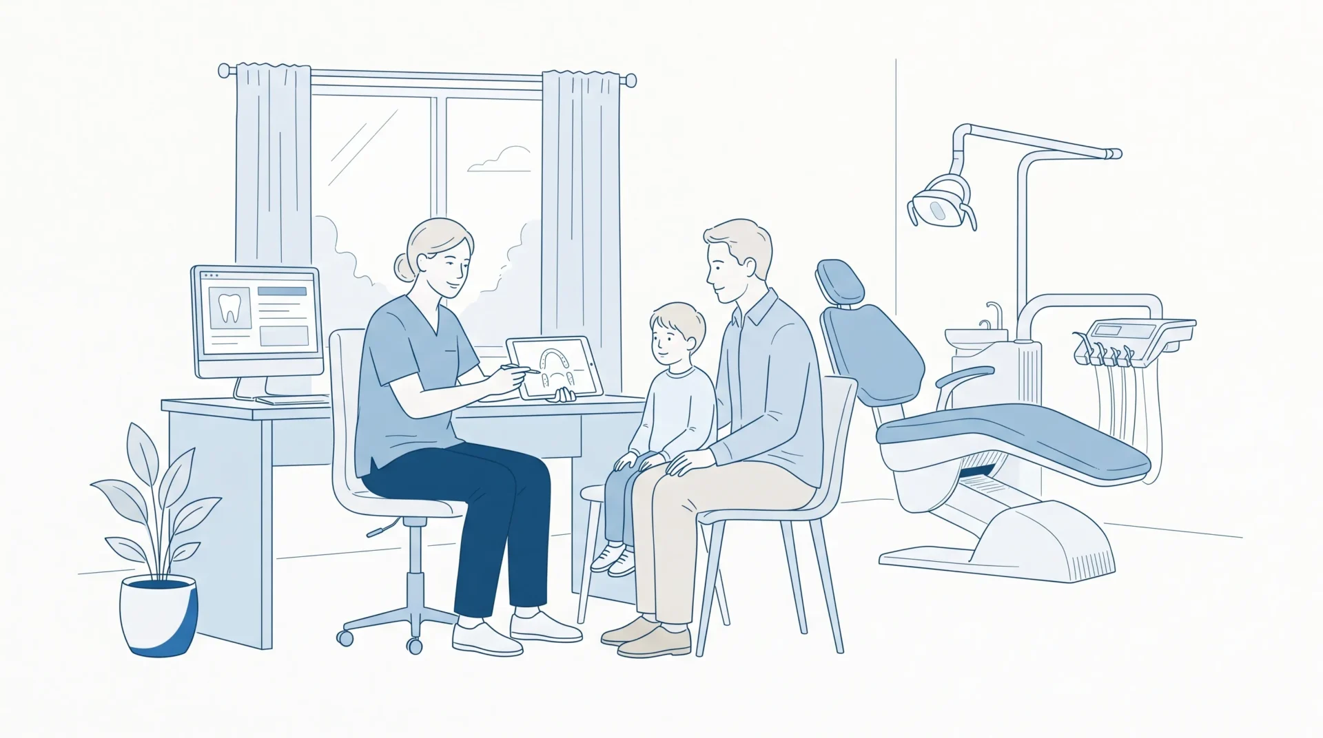 A dentist discusses a child’s check-up with a parent in a dental consulting room, with calm faces and no treatment underway.