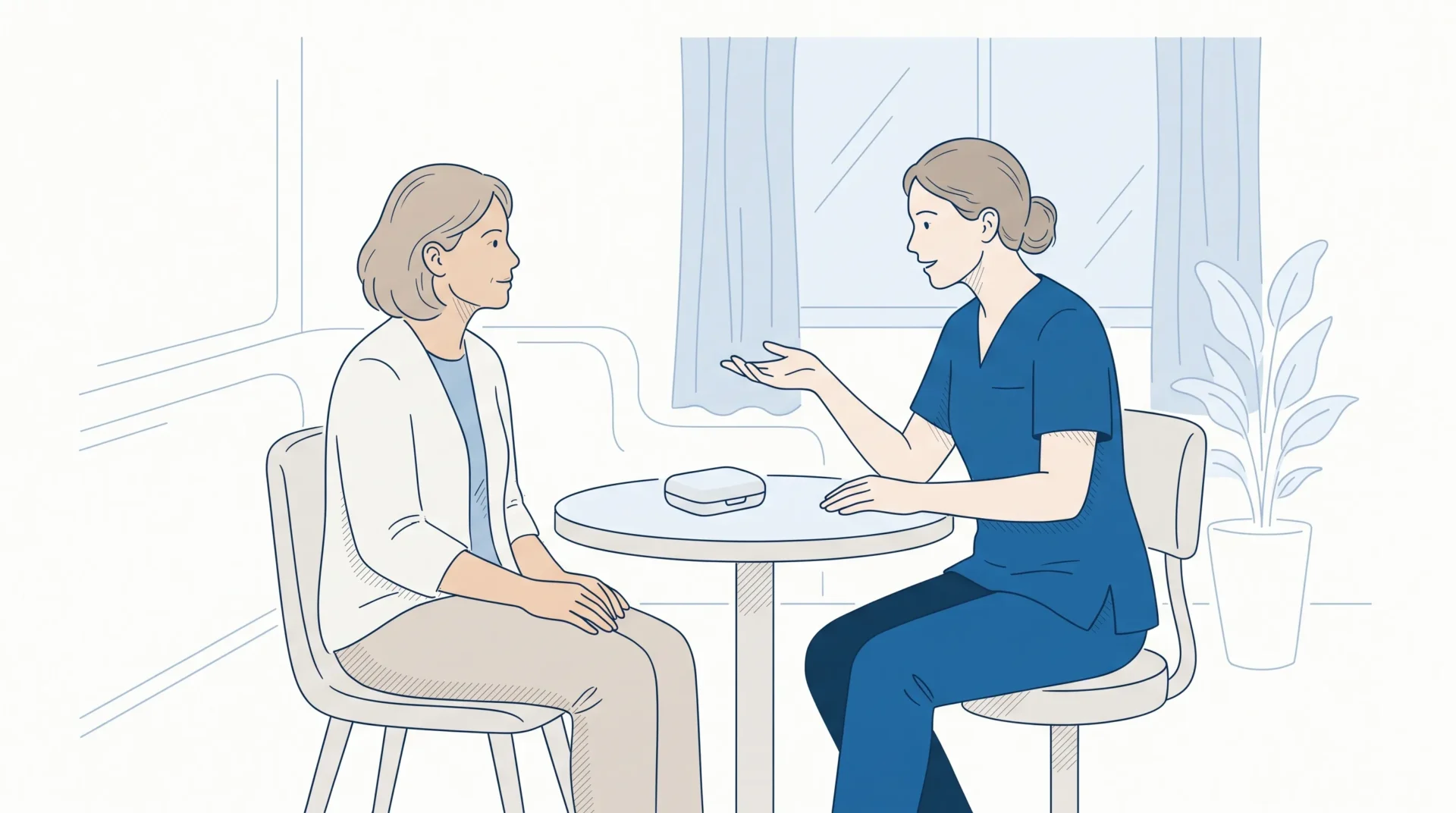 A dentist discusses clear aligner options with an adult patient seated beside a closed aligner case during a consultation.