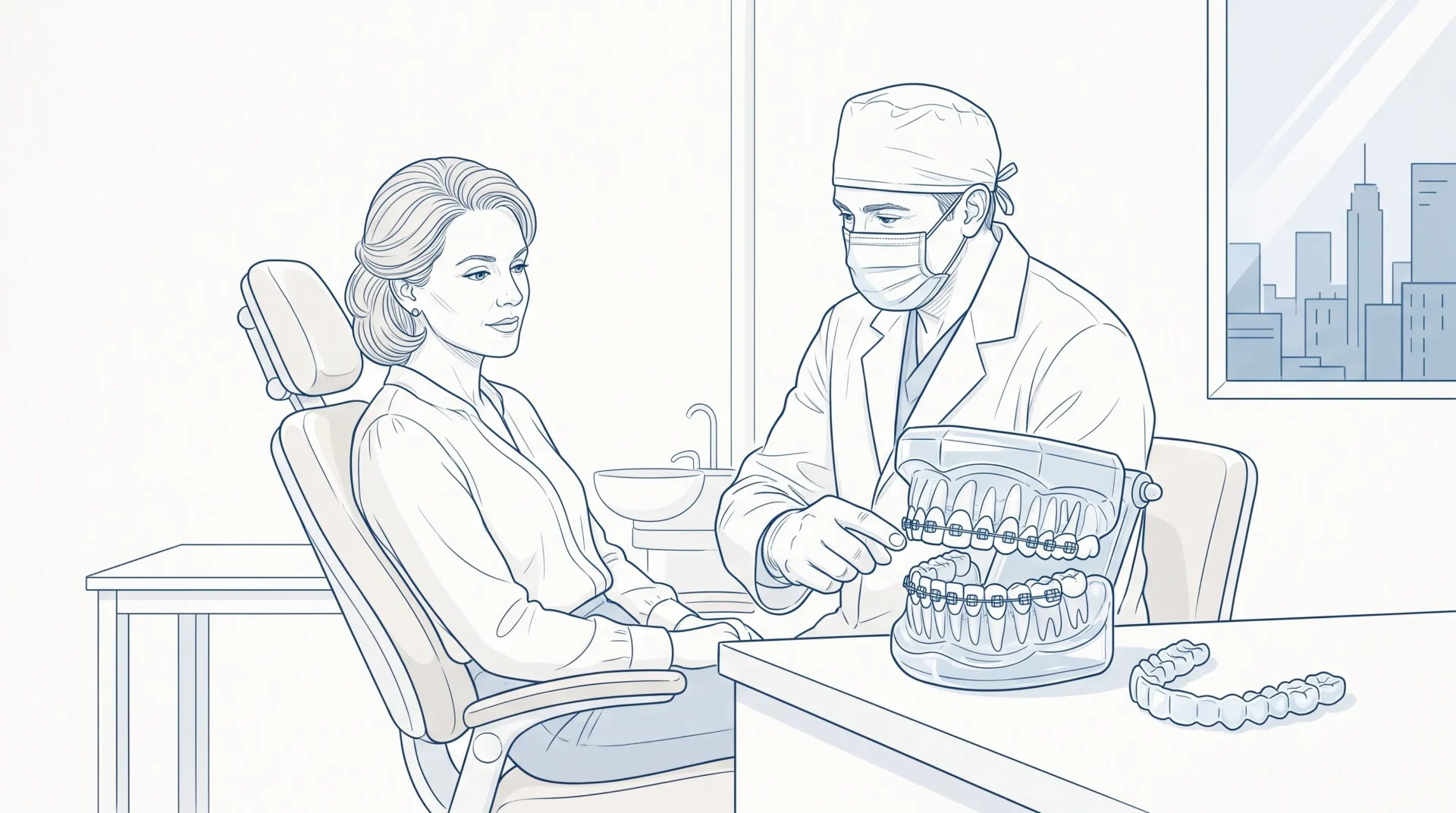 A dentist discusses Invisalign and braces with an adult patient beside a tooth model and clear aligner.