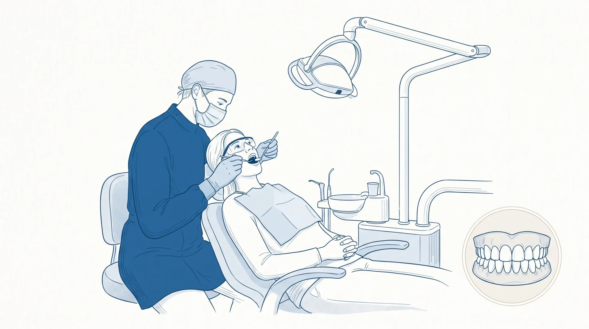 A dentist examines a seated patient in a clinic, with a small inset of healthy teeth and gums.