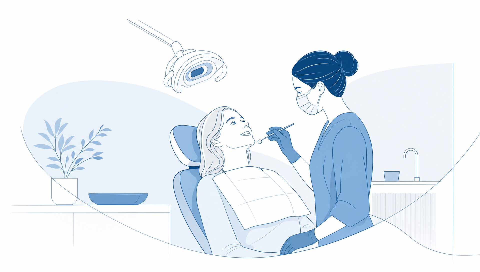A dentist examining a molar crown with a small mirror and dental instrument while the patient reclines in a dental chair inside a bright clinic room.