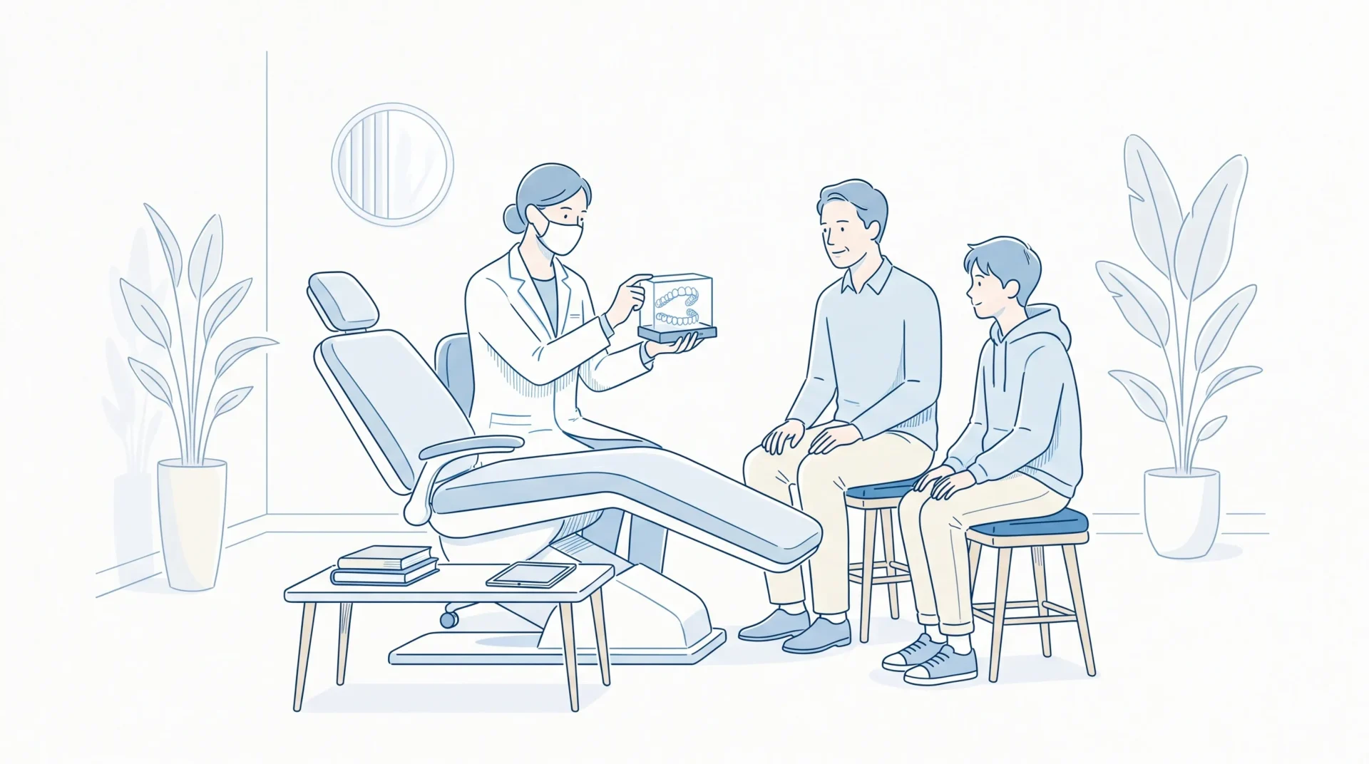 A dentist explains clear braces to a parent and teenager beside a dental chair in a calm clinic setting.
