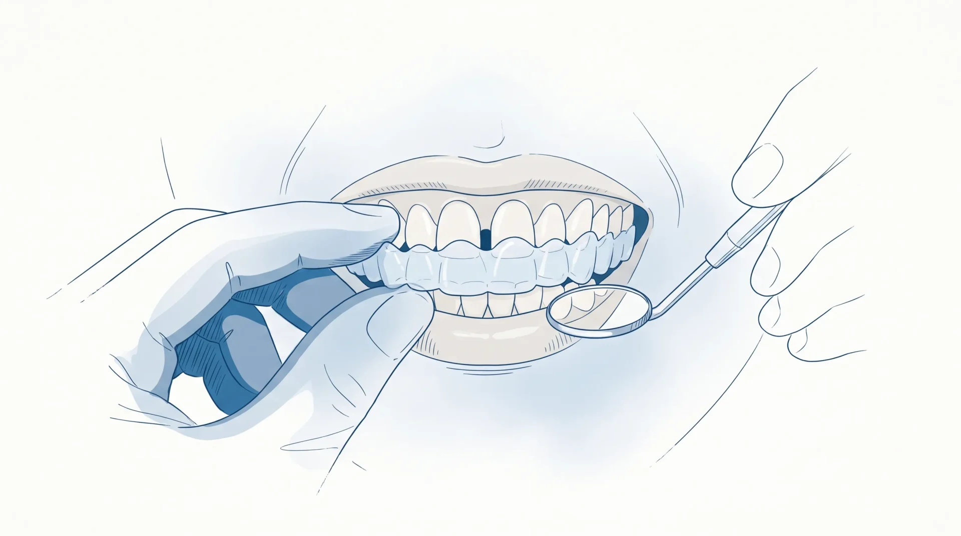 A dentist gently assesses a clear aligner over adult front teeth with a small gap.