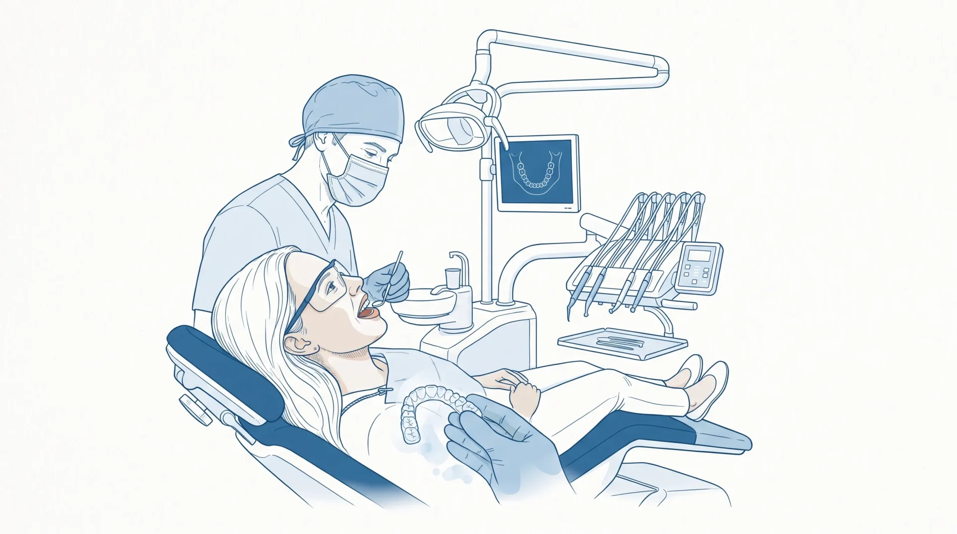 A dentist gently assesses an adult patient's lower teeth with a clear aligner during an Invisalign consultation.