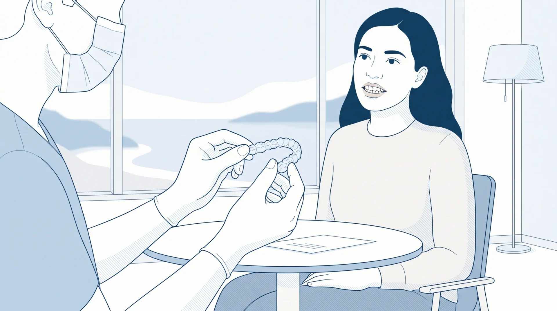 A dentist gently demonstrates a clear aligner beside natural upper and lower teeth with a mild underbite during a Geelong consultation.
