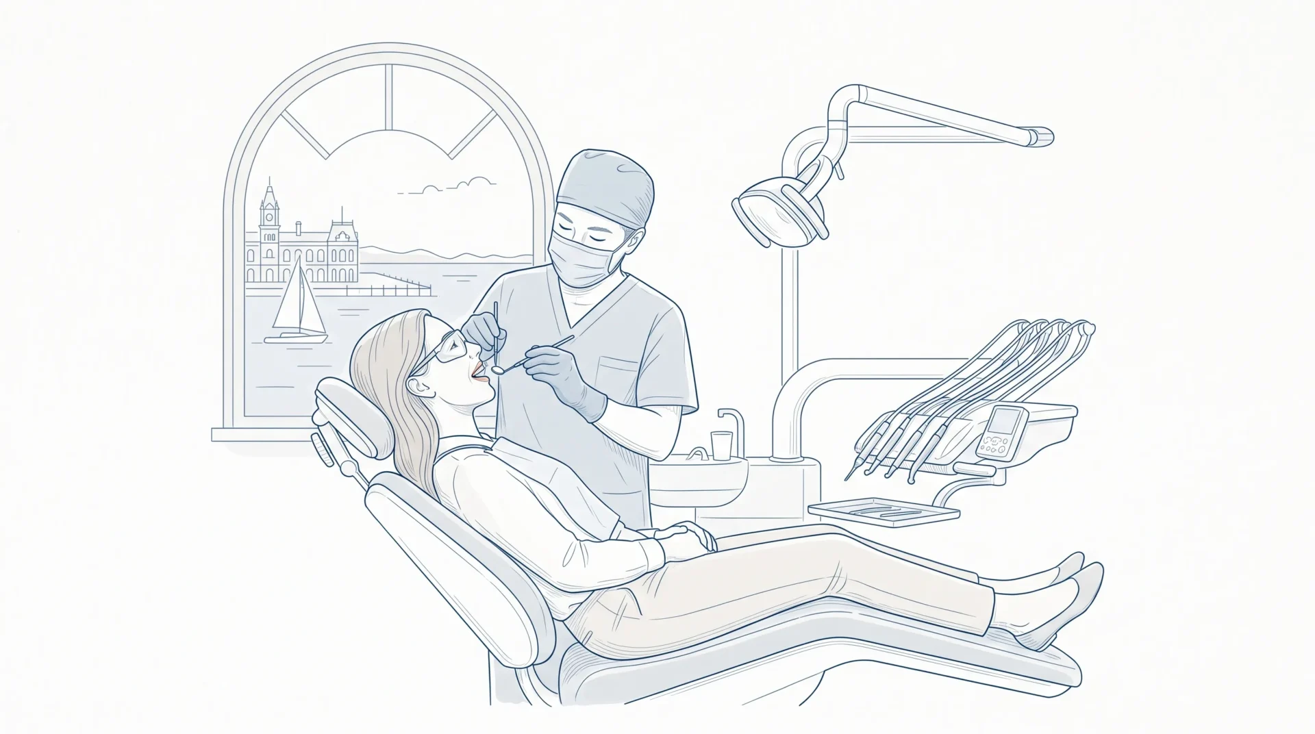 A dentist gently examines an adult patient in a dental chair with a mirror during a general check-up in Geelong.