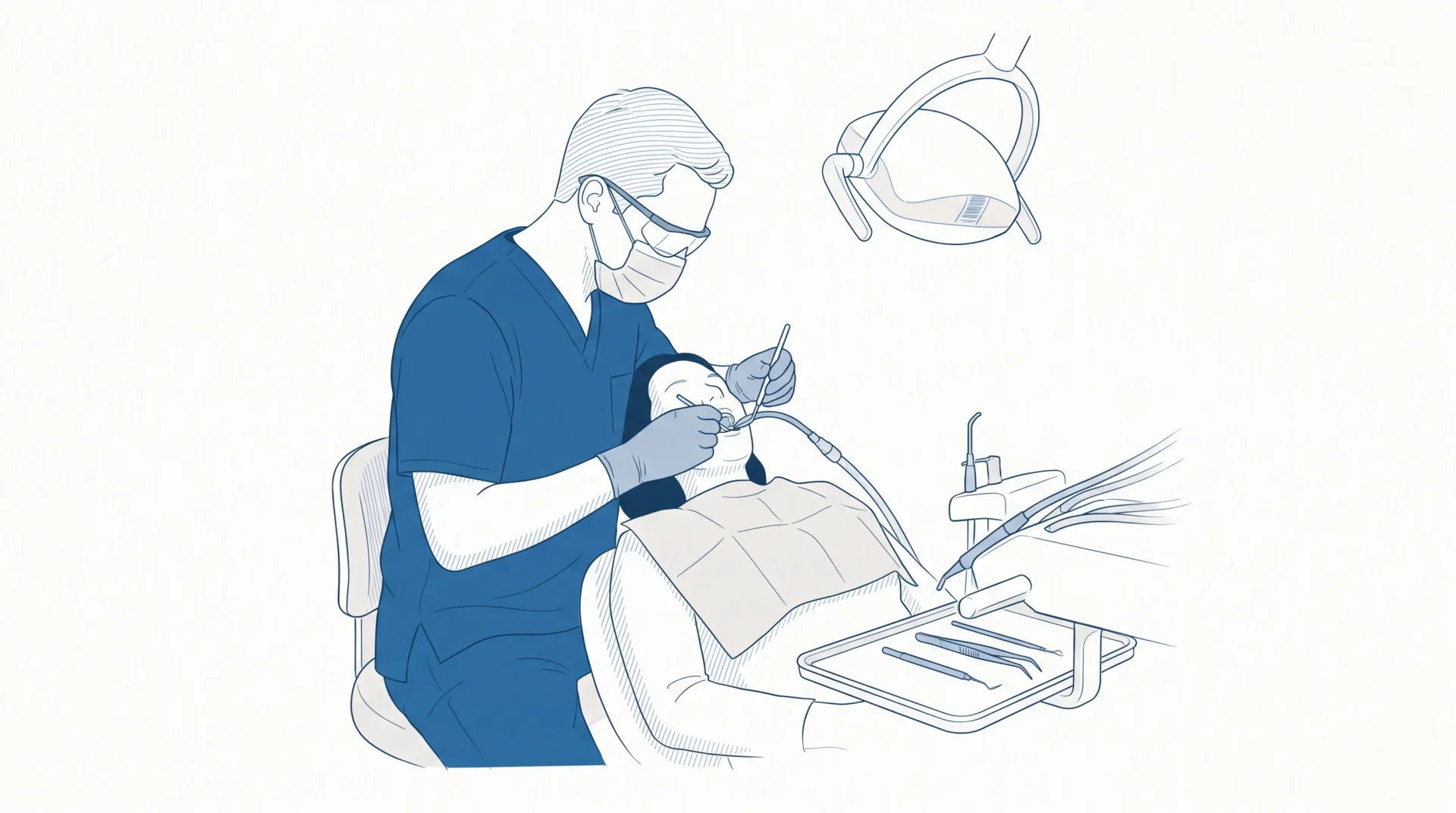 A dentist in clean scrubs, gloves, mask and protective eyewear examines an adult patient with a mirror and suction during a routine check-up and clean.