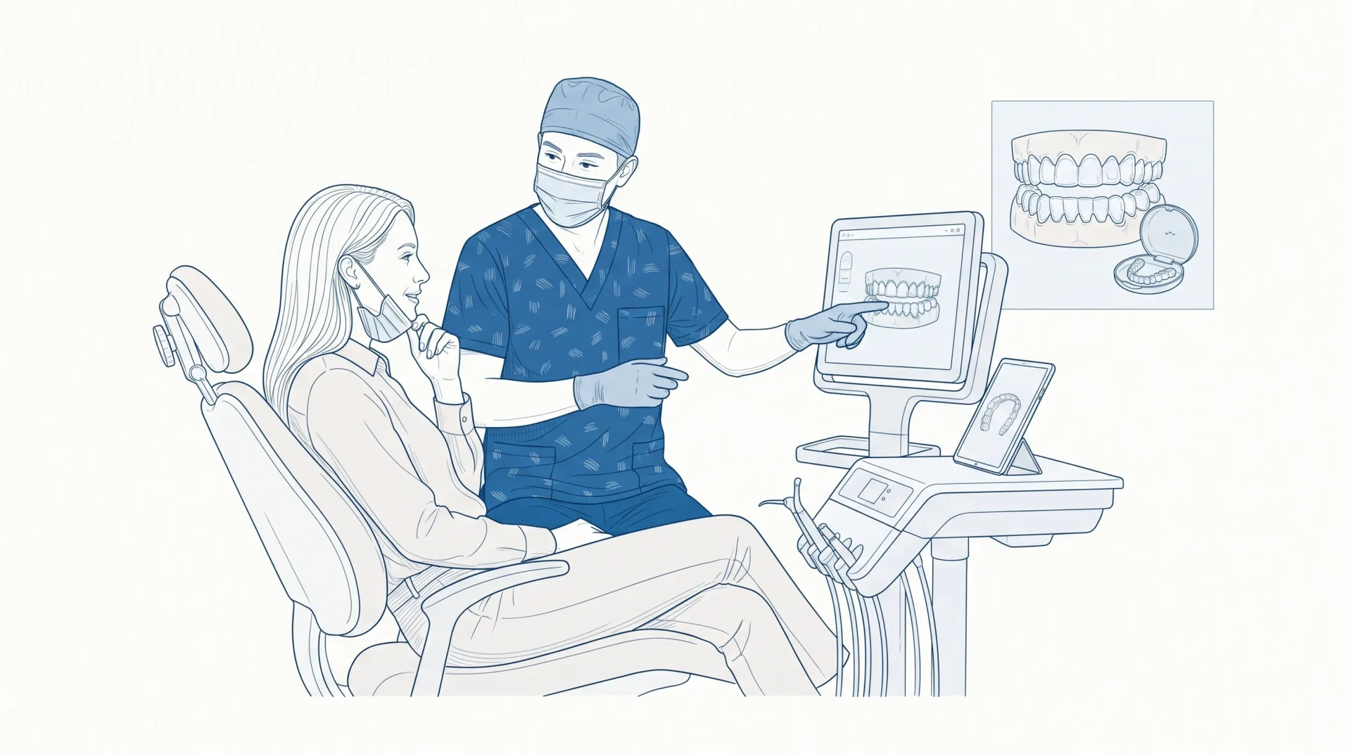 A dentist in clinical attire discusses a clear aligner plan with an adult patient beside a small inset of aligners and teeth.