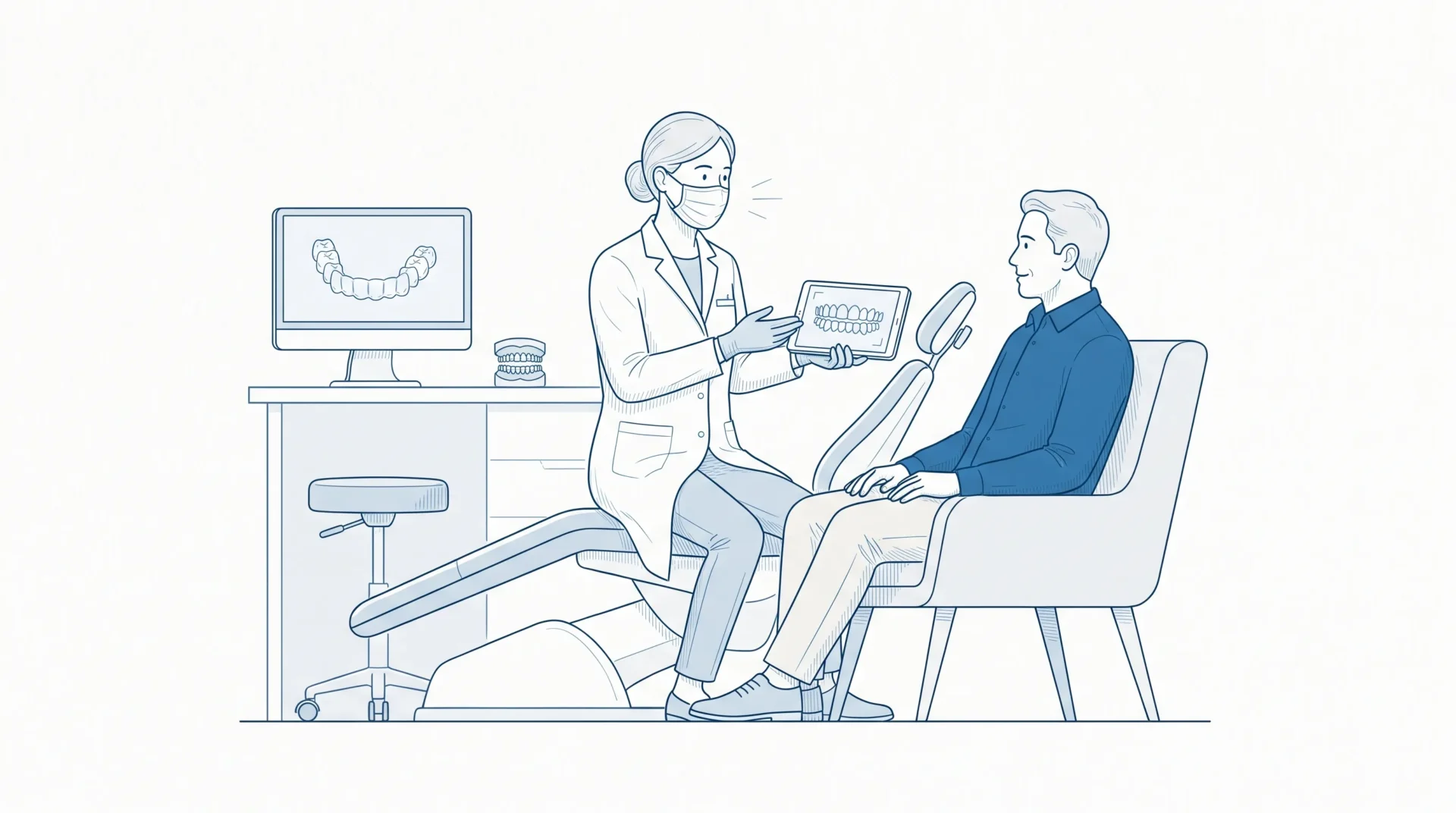 A dentist in clinical attire discusses Invisalign assessment with an adult patient seated beside a dental chair in a consultation room, both with calm, complete facial features.