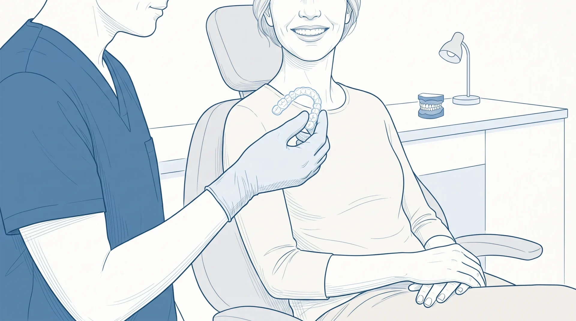 A dentist in clinical attire holds a clear aligner beside an adult patient’s smile during an orthodontic consultation.