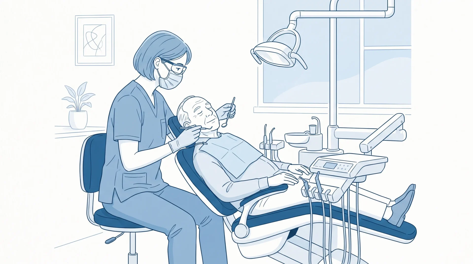 A dentist in scrubs examines an older adult patient in a calm clinic room.