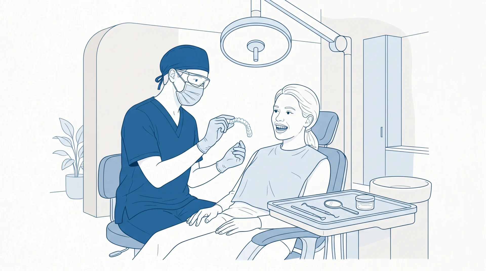 A dentist in scrubs, gloves, mask and protective eyewear shows a clear aligner beside an adult patient’s teeth in a calm clinic room.