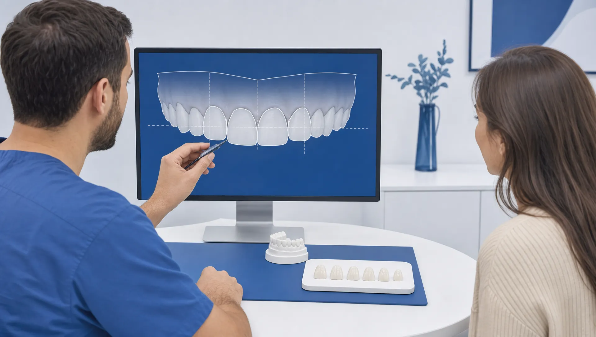A dentist treatment plan scene with a simplified dental arch, porcelain tooth forms and planning lines.