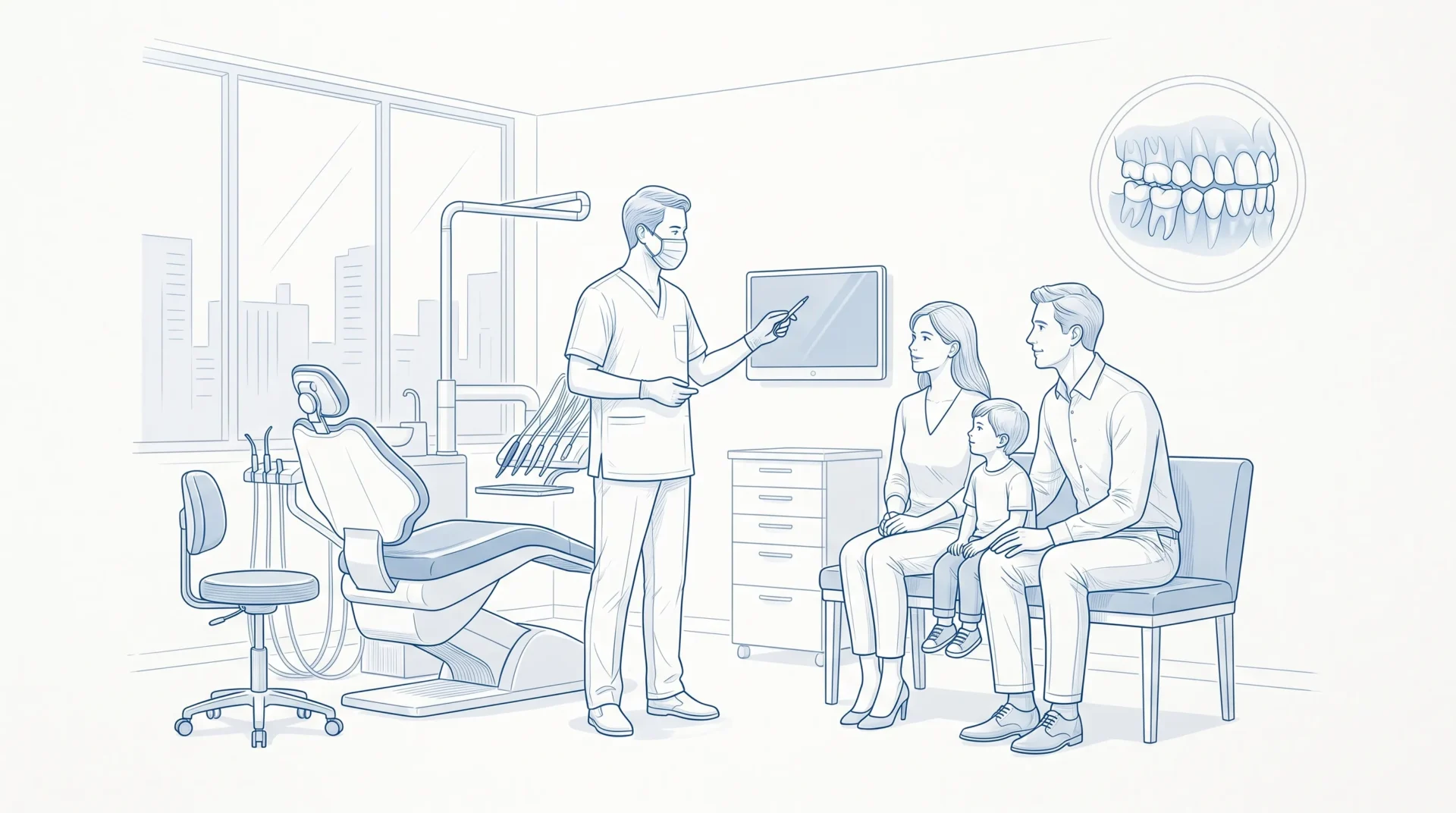 A family dentist speaks with two parents and a child in a clean clinic room, with a small inset showing natural teeth.