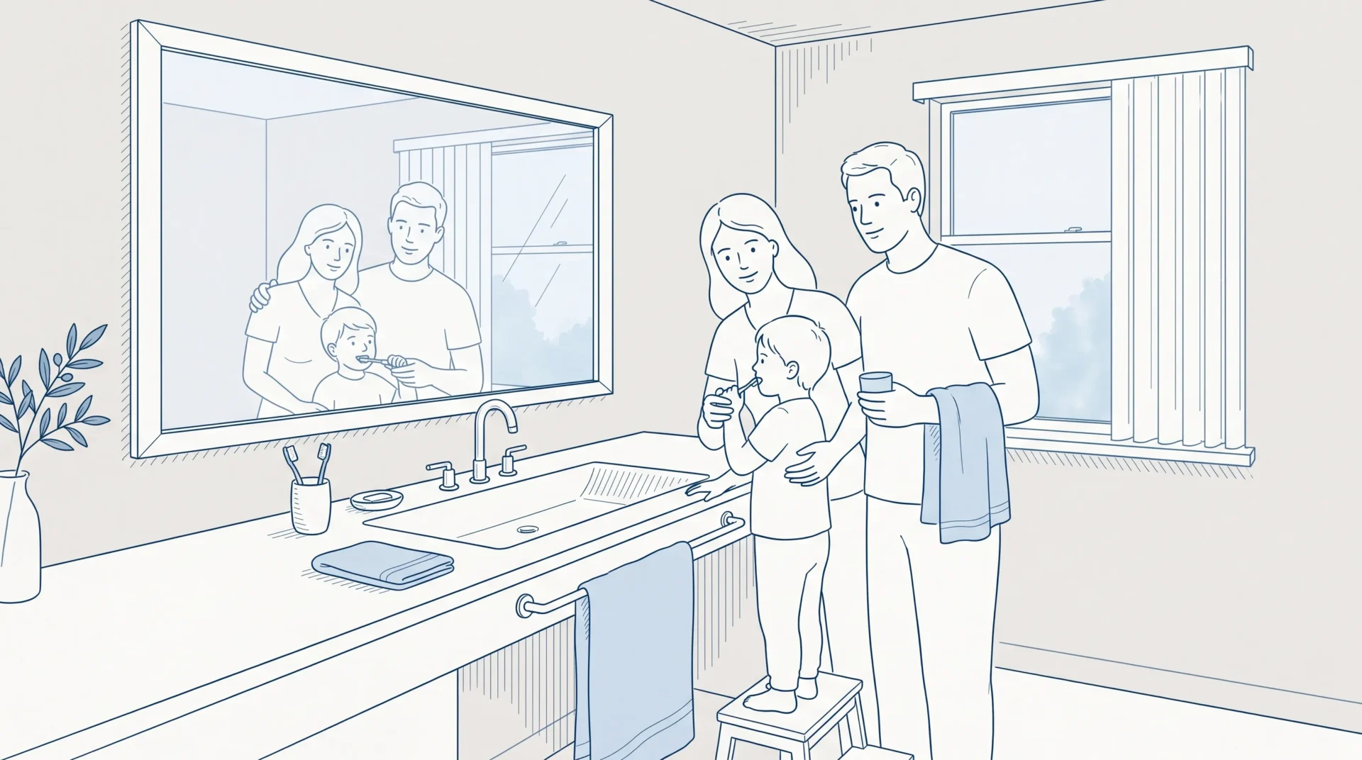 A family helps a child brush teeth at a bathroom sink in a simple home morning routine.