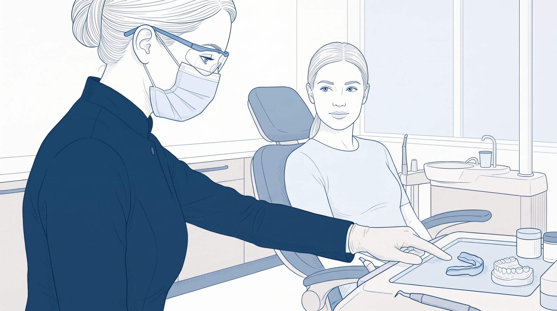 A masked dentist consults a seated patient in a dental clinic, with a tooth model and examination tools on a tray.